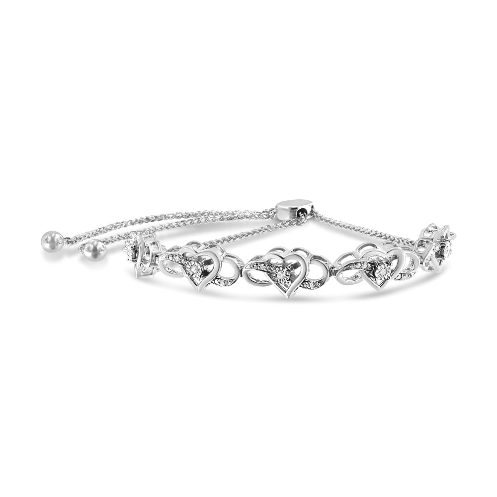 .925 Sterling Silver Miracle Set Diamond Accented Infinity Hearts 6”-9” Adjustable Bolo Bracelet (H-I Color, I2-I3 Clarity)