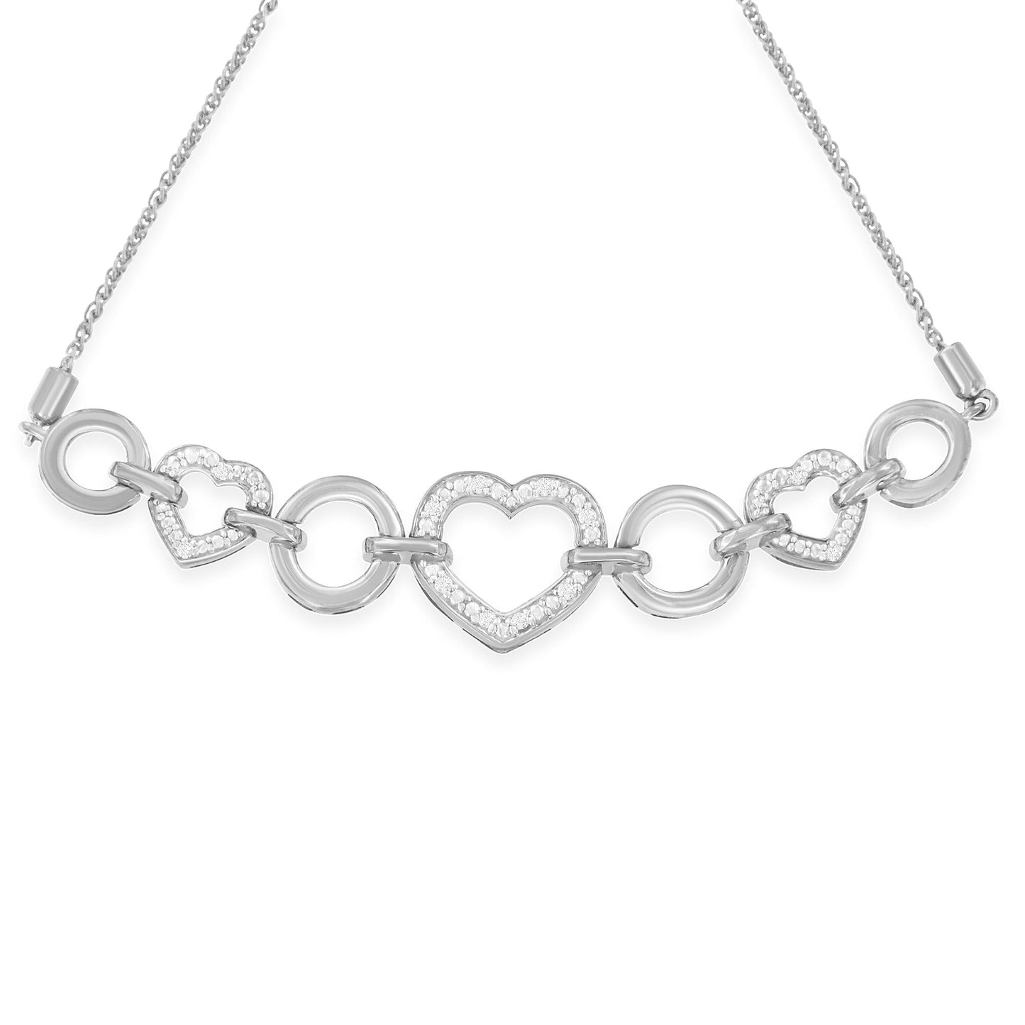 .925 Sterling Silver Diamond Accent Interlinking Triple Heart 4”-10” Adjustable Bolo Tennis Bracelet Bolo Bracelet (H-I Color, I2-I3 Clarity)