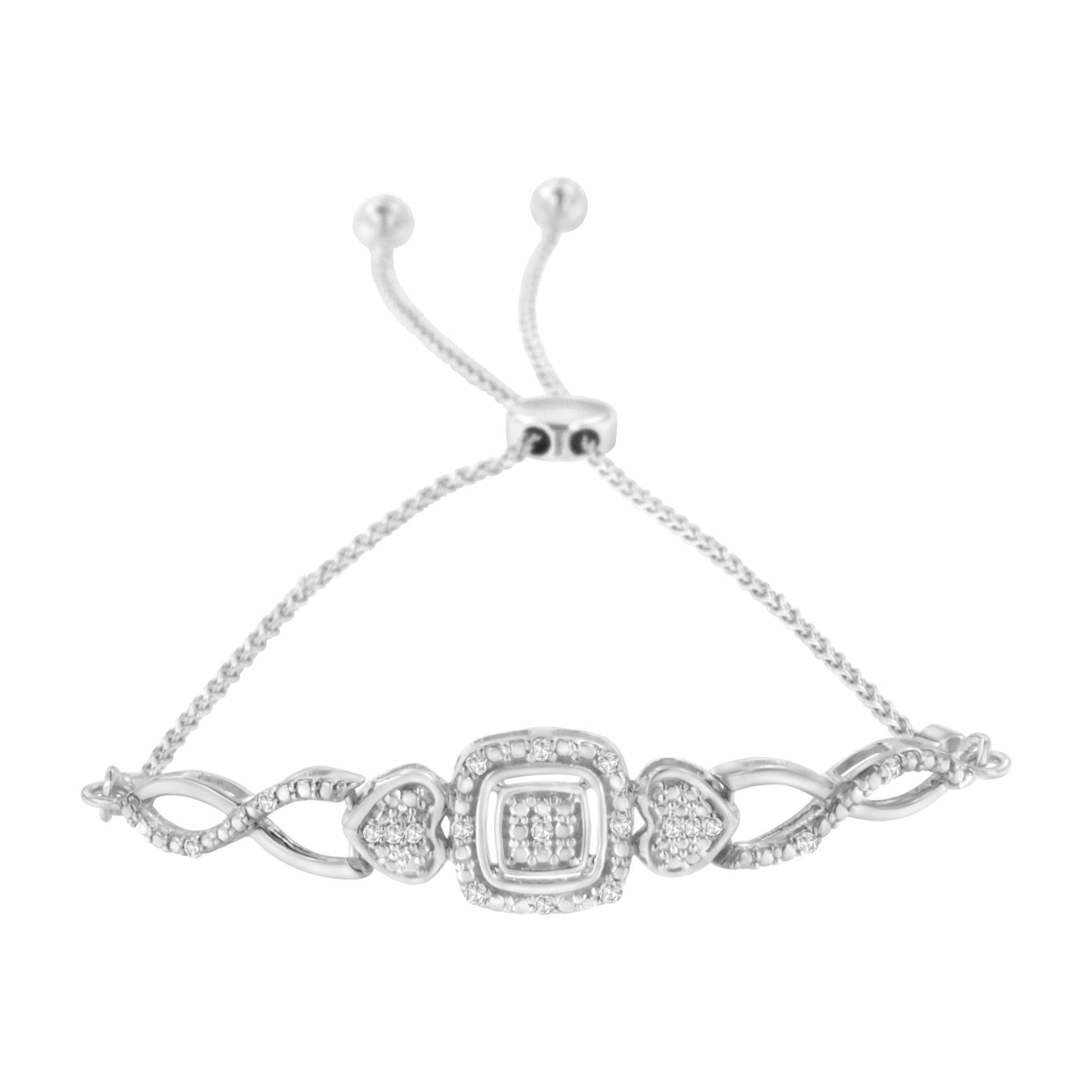 .925 Sterling Silver Diamond Cushion Frame Heart-Sides Twist 4”-10” Adjustable Bolo Tennis Bolo Bracelet (I-J Color, I3 Clarity)