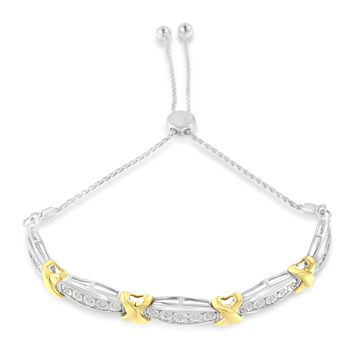 .925 Sterling Silver 1/4 Cttw Round-Cut Diamond X & Tapered Bar Miracle-Set Bolo Bracelet (I-J Color, I3 Clarity) - Two Tone Yellow Gold & Silver