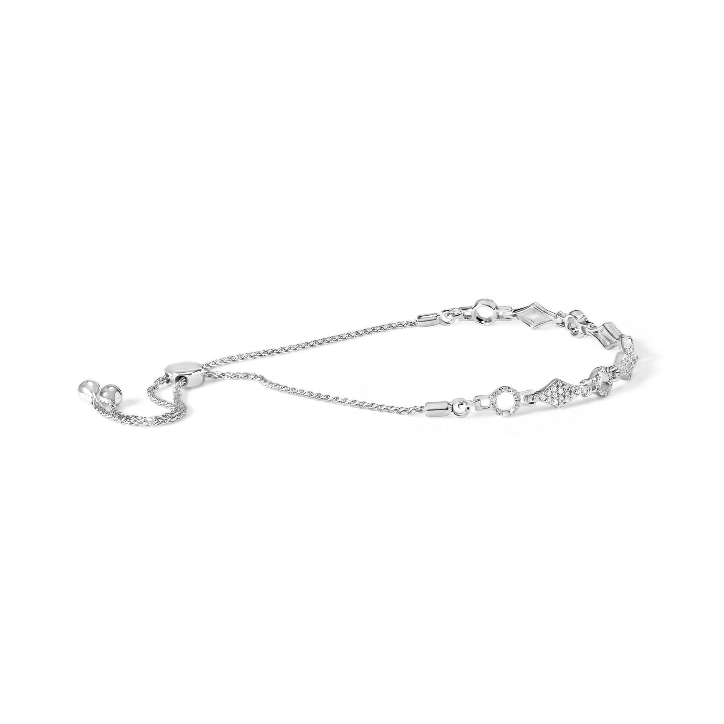 .925 Sterling Silver 1/2 Cttw Diamond Alternating Circle and Kite Link Adjustable Bolo Bracelet (I-J Color, I3 Clarity) - 4" to 10" Inches