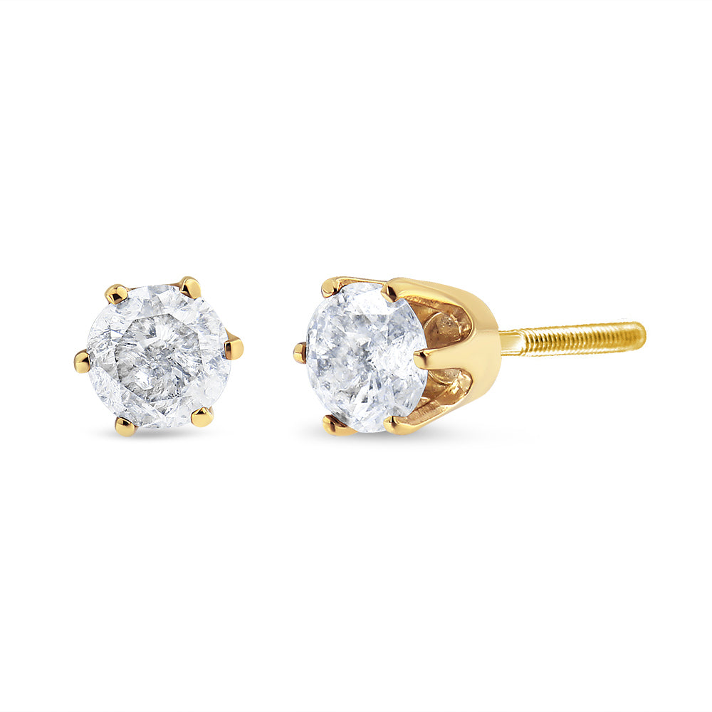 14K Yellow Gold 1-1/2 Cttw Round Brilliant-Cut Near Colorless Diamond Classic 6-Prong Stud Earrings with Screw Backs (J-K Color, I2-I3 Clarity)