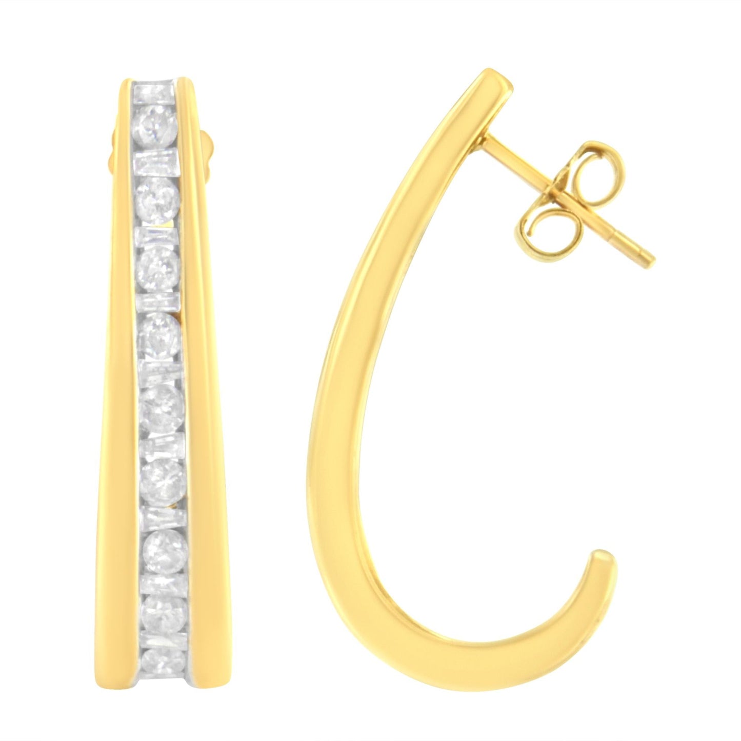 10K Yellow Gold 1 cttw Channel Set Diamond J-Hoop Earrings (H-I Clarity, I1-I2 Color)