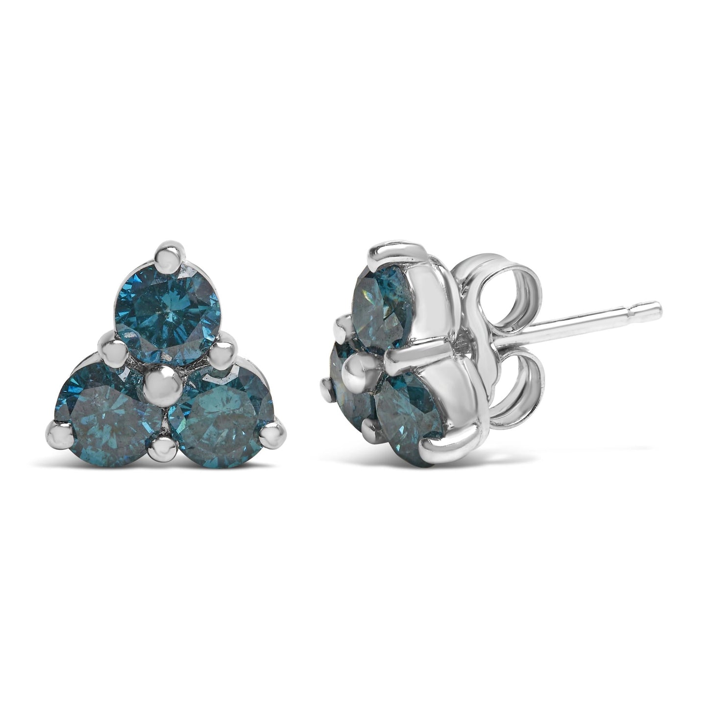 14KT White Gold Treated Blue Diamond Trio Stud Earrings (1 1/3 cttw, Blue)