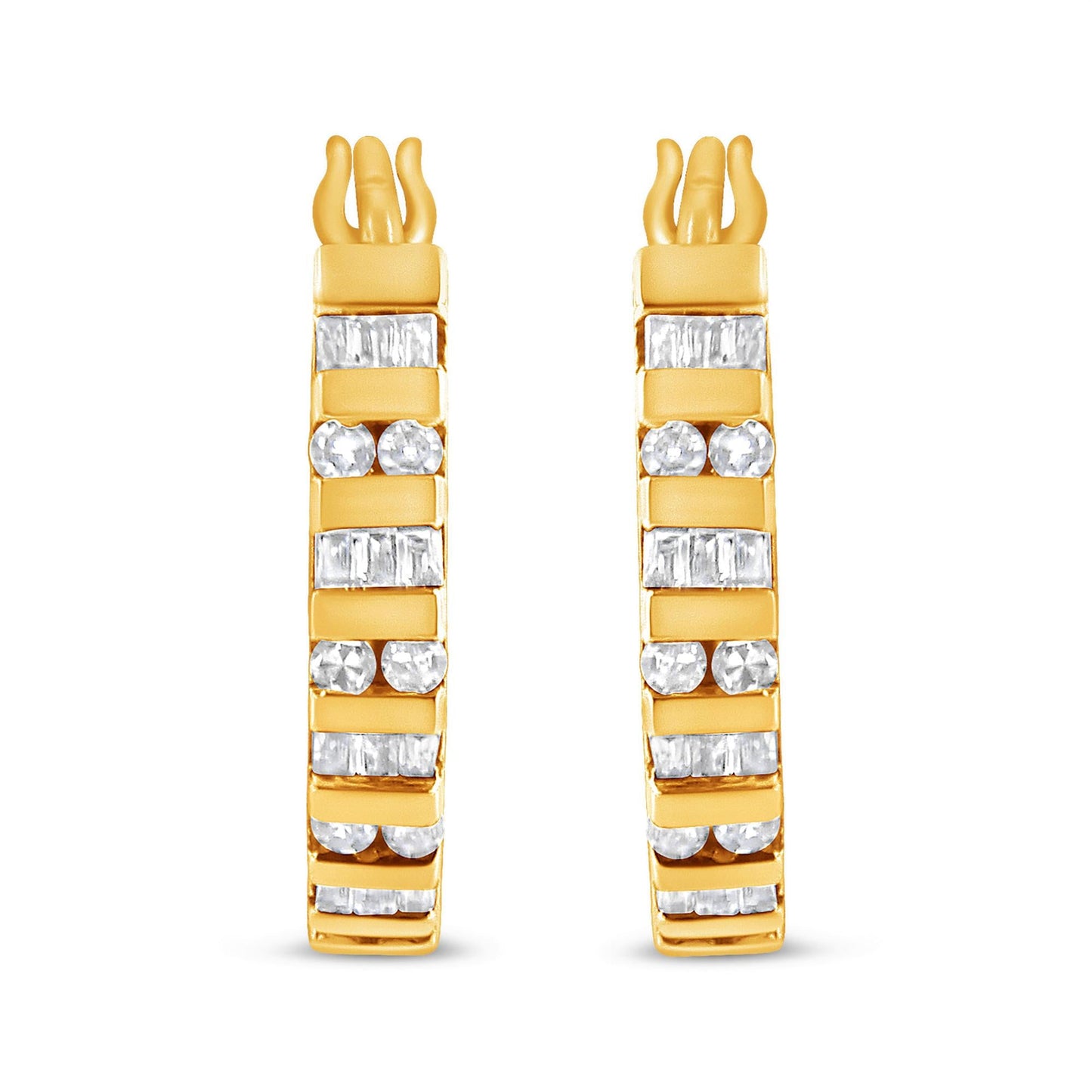 10K Gold Round and Baguette-Cut Diamond Hoop Earrings (I-J Color, I2-I3 Clarity)