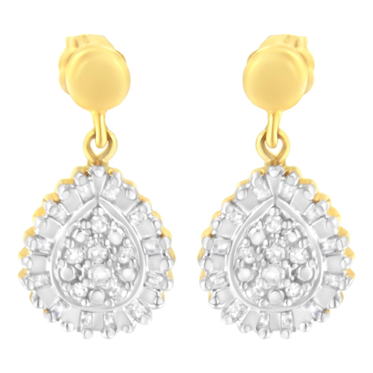 10K Yellow Gold 1/4 Cttw Round and Baguette-Cut Diamond Cluster Drop and Dangle Stud Earrings (I-J Color, I2-I3 Clarity)