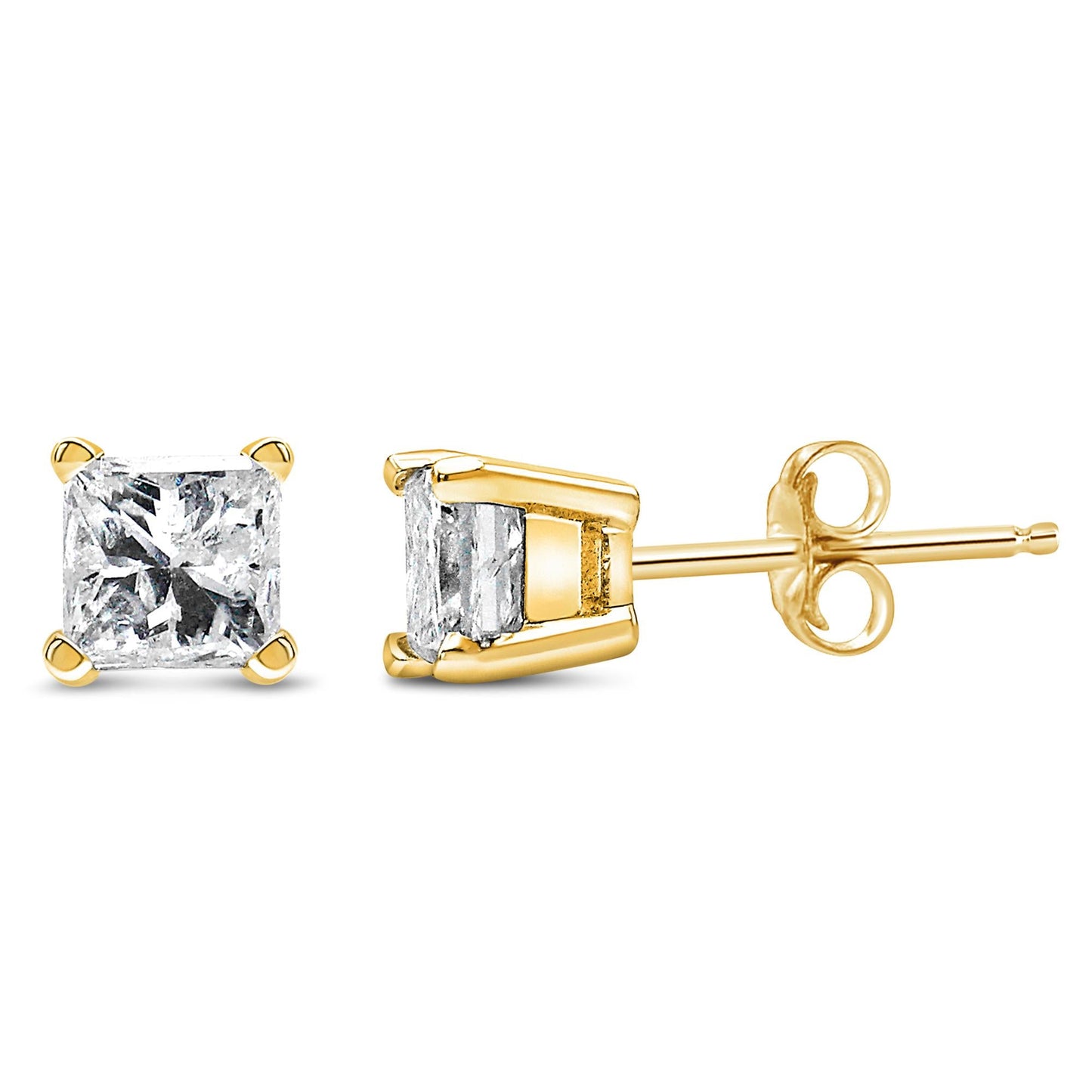 AGS Certified 14k Yellow Gold 1/4 Cttw 4-Prong Set Princess-Cut Solitaire Diamond Push Back Stud Earrings (H-I Color, SI1-SI2 Clarity)