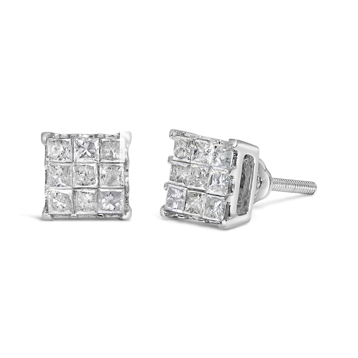 10K White Gold 1/2 Cttw Invisible Princess-cut Diamond 9 Stone Composite Stud Earrings (I-J Color, I3 Clarity)