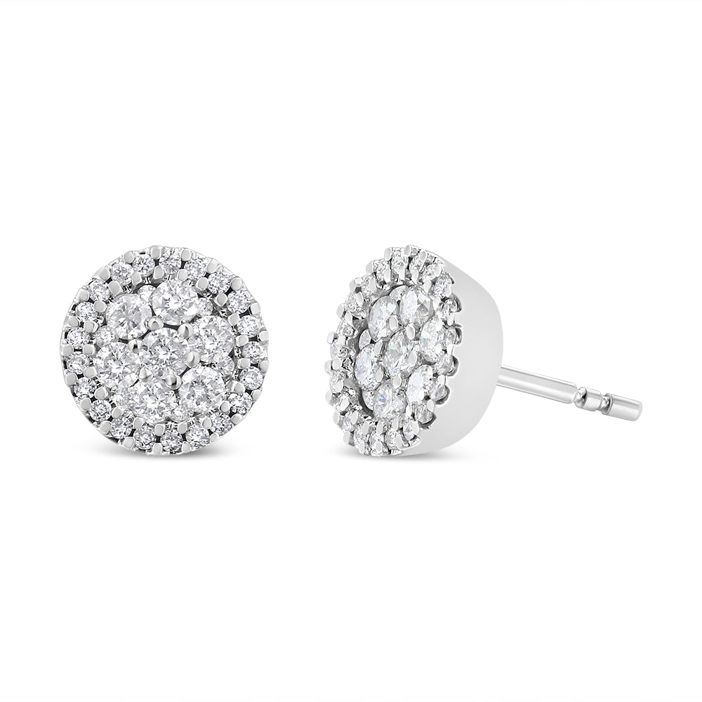 14K White Gold 1.0 Cttw Brilliant-Cut Diamond Halo-Style Cluster Round Button Stud Earrings (H-I Color, I1-I2 Clarity)