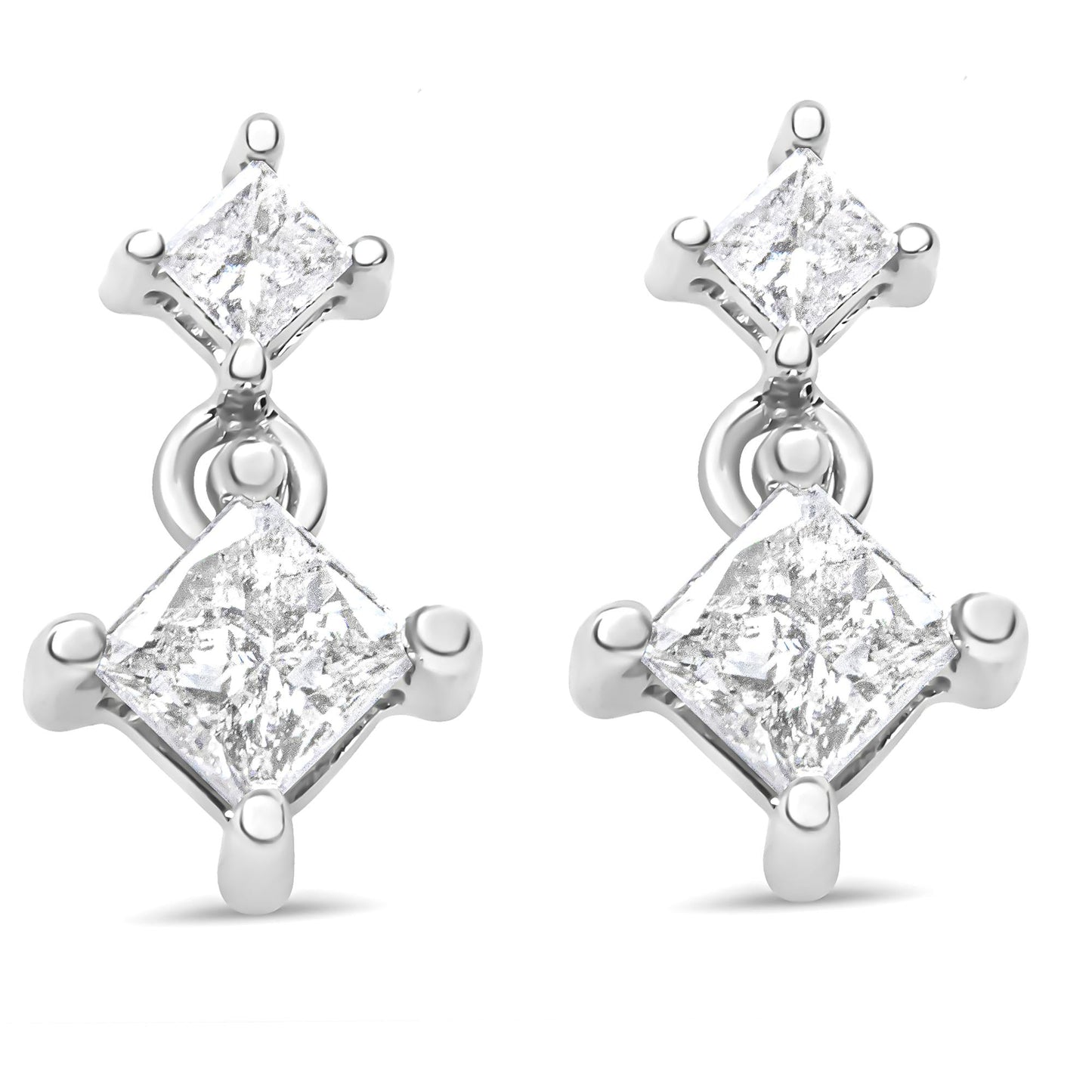 14K White Gold 1.0 Cttw Princess-Cut Double Diamond Drop Stud Earrings  for Women (H-I Color, I1-I2 Clarity)