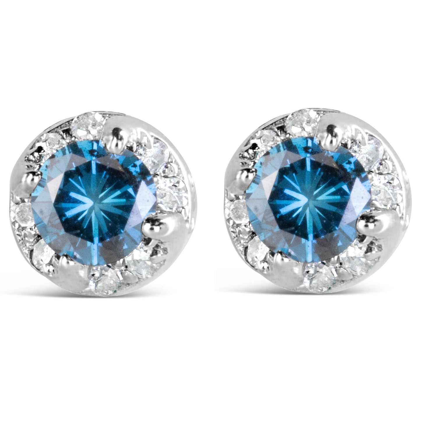 14K White Gold 1.00 Cttw Treated Blue and White Diamond Hidden Halo Stud Earrings (Blue/I-J Color, I2-I3 Clarity)