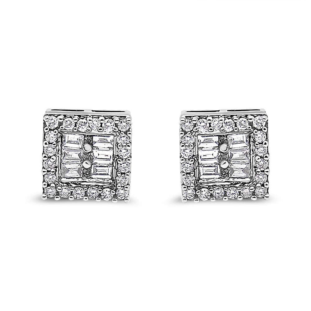 14K White Gold 1 cttw Round and Baguette Diamond Stud Earrings (H-I, SI1-SI2)