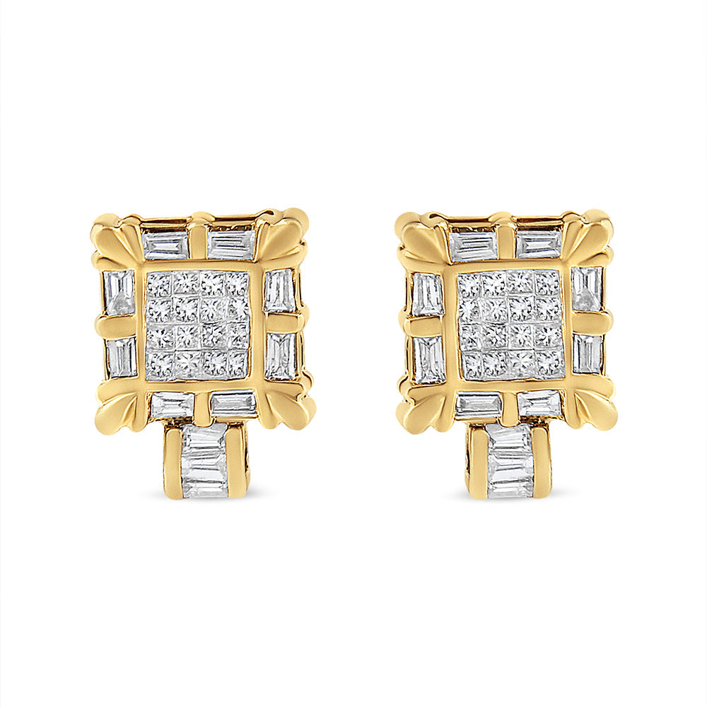 14K Yellow Gold 7/8 Cttw Princess and Baguette-Cut Diamond Square Framed Huggie Hoop Omega Earrings (H-I Color, SI1-SI2 Clarity)