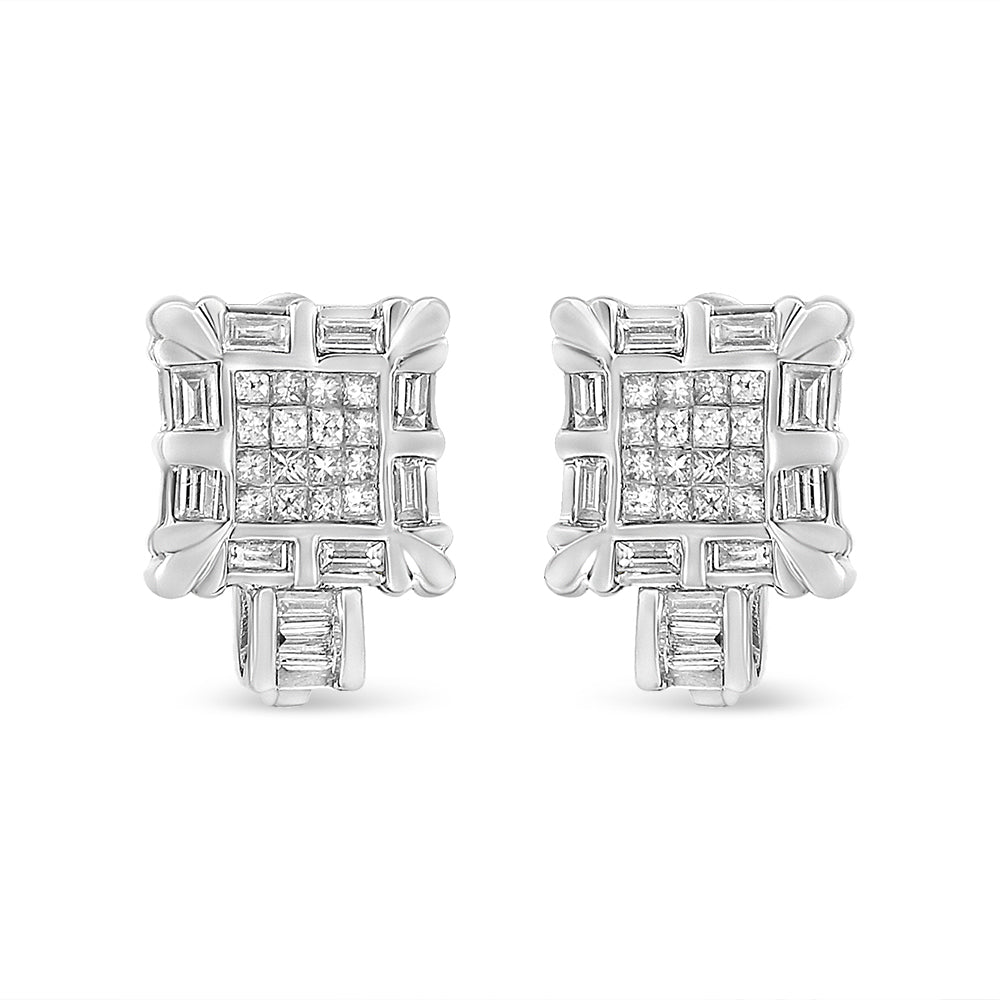 14K White Gold 1.0 Cttw Princess and Baguette-Cut Diamond Square Framed Huggie Hoop Omega Earrings (H-I Color, SI1-SI2 Clarity)