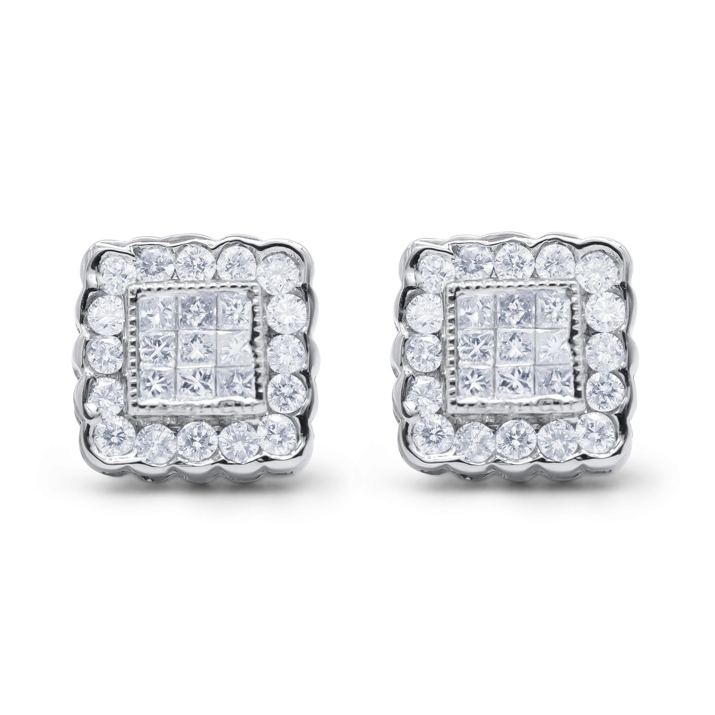 14K White Gold 1.0 Cttw Round Brilliant & Princess Cut Diamond Scallop-Edge Framed Square Halo Stud Earrings (G-H Color, SI1-SI2 Clarity)