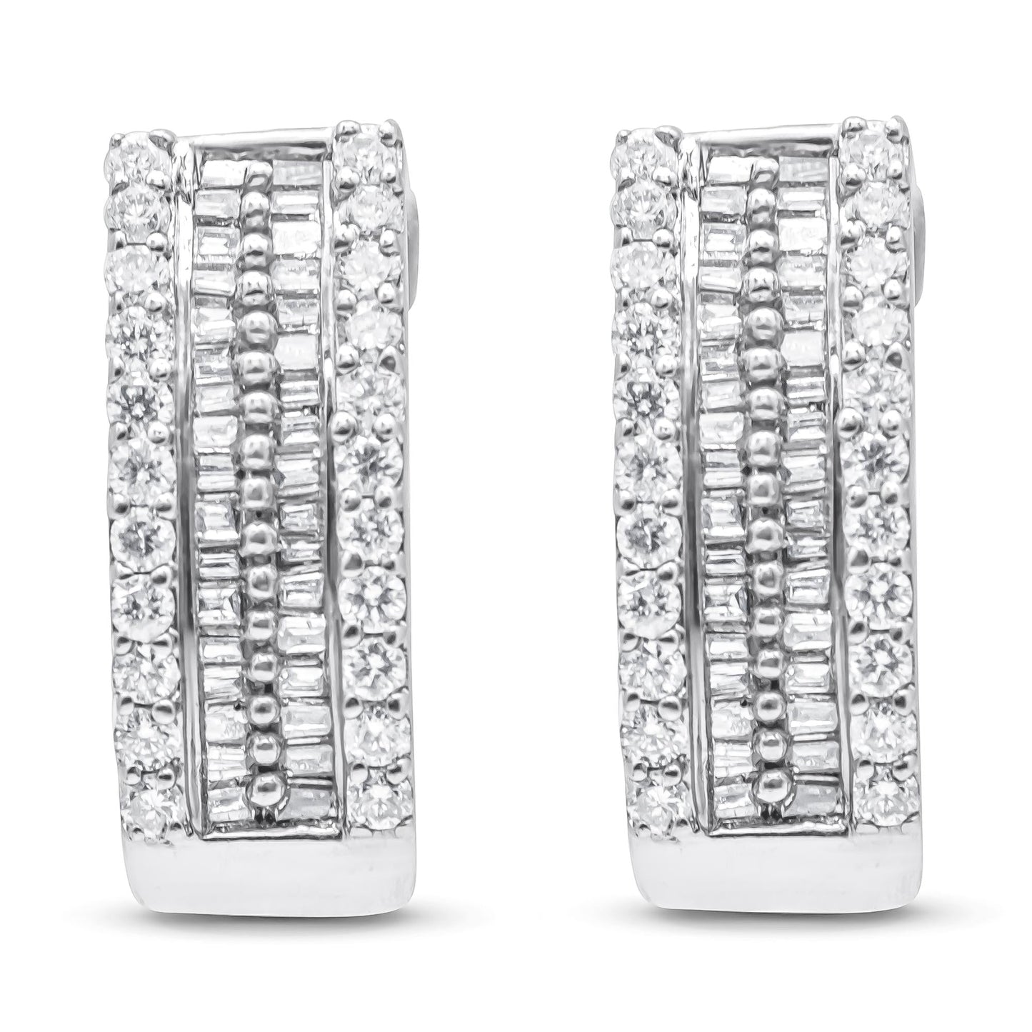 14K White Gold 1 1/2 cttw Round and Baguette Cut Diamond Earrings (H-I, SI2-I1)