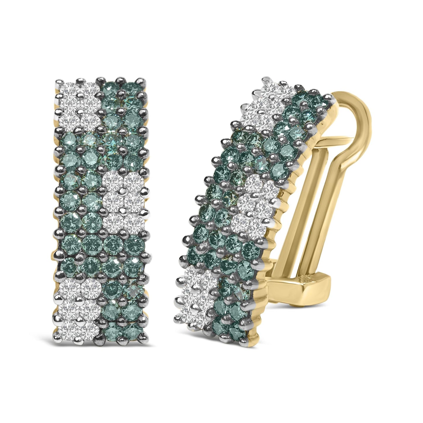 14K Yellow Gold 2.00 Cttw White and Treated Blue Diamond Four-Row Pavé Omegaback Earrings (H-I Color, SI1-SI2 Clarity)