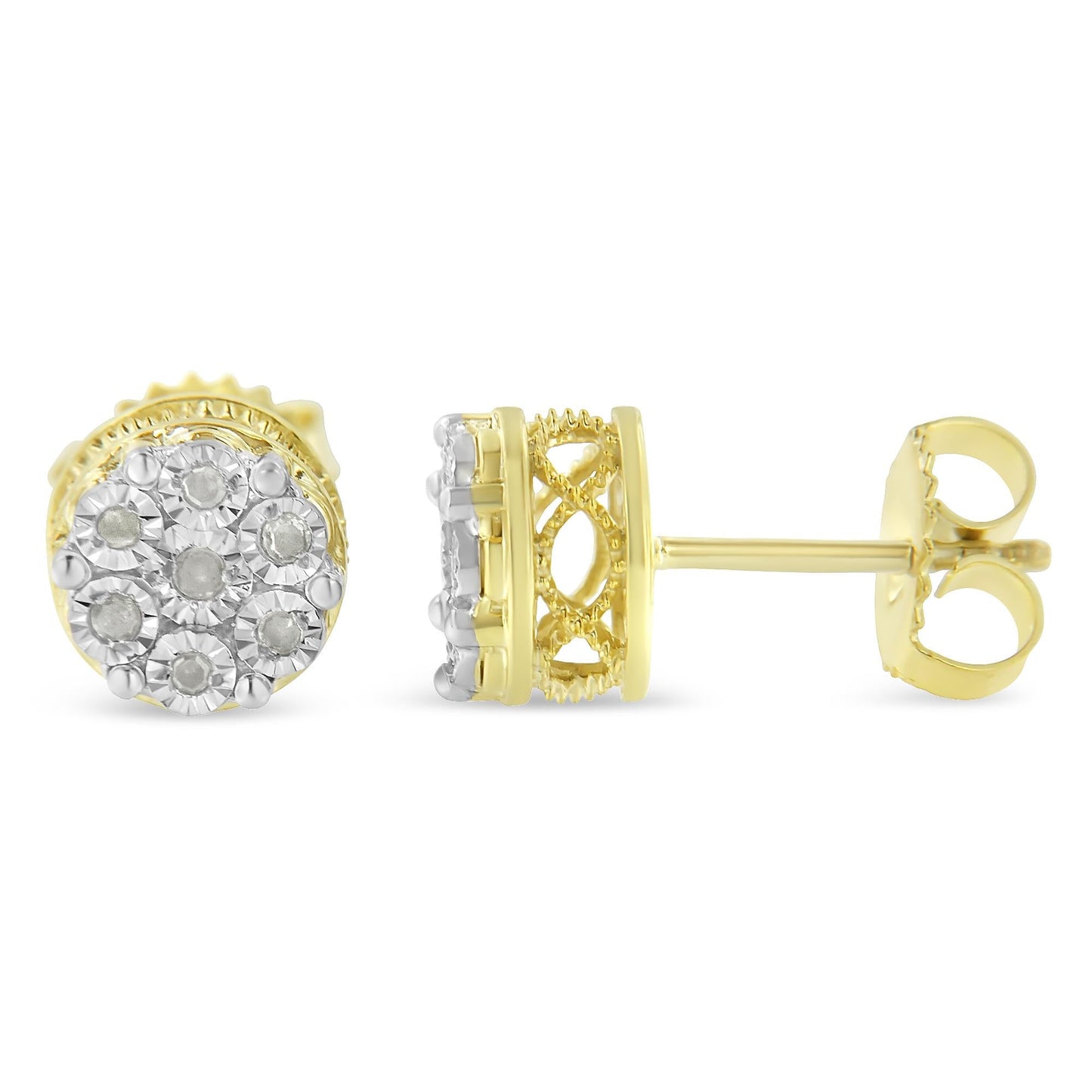 10K Yellow Gold over .925 Sterling Silver 1/7 Cttw Rose-Cut Miracle-Set Diamond Floral Cluster Button Stud Earrings (I-J Color, I3 Clarity)