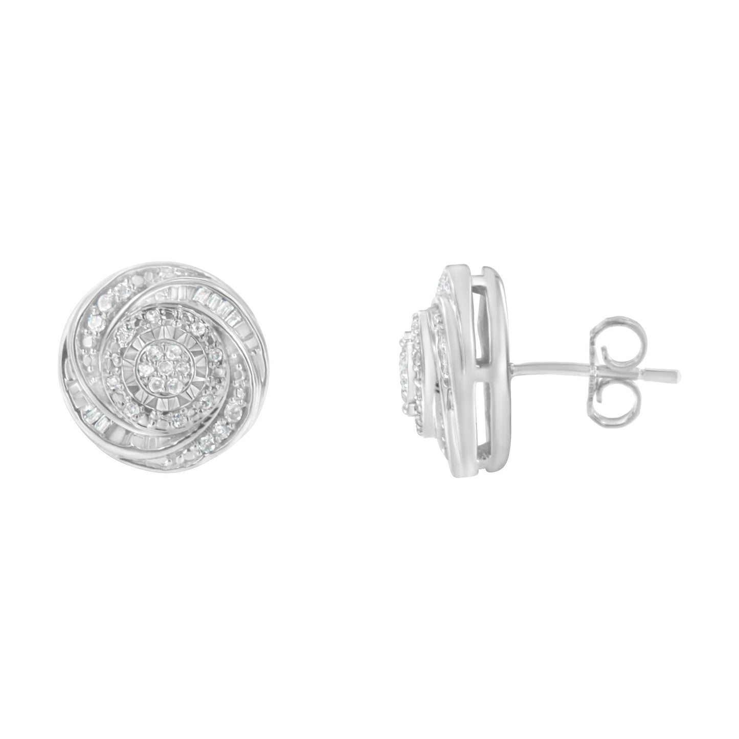 .925 Sterling Silver 1/4 Cttw Baguette and Round Diamond Swirl Love Knot Stud Earrings (I-J Color, I3 Clarity)