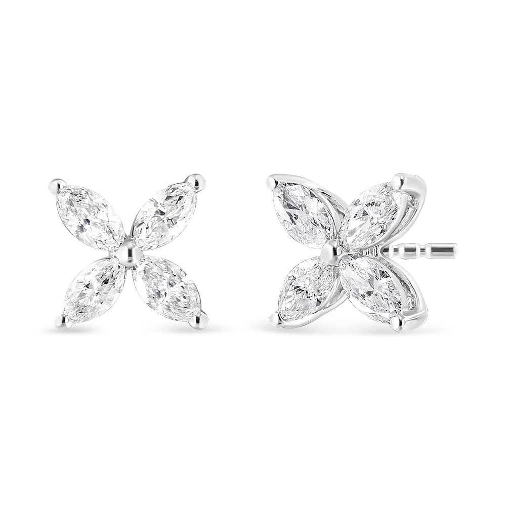 14K White Gold 1.0 Cttw Marquise Diamond 8 Stone Floral Leaf Stud Earrings (H-I Color, SI2-I1 Clarity)