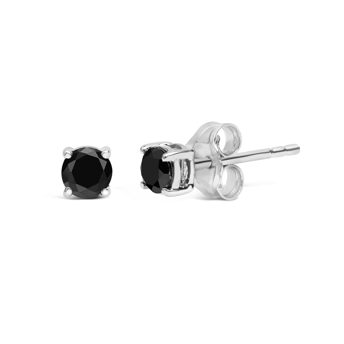 .925 Sterling Silver Black Diamond Solitaire Stud Earrings (Black Color, I2-I3 Clarity)