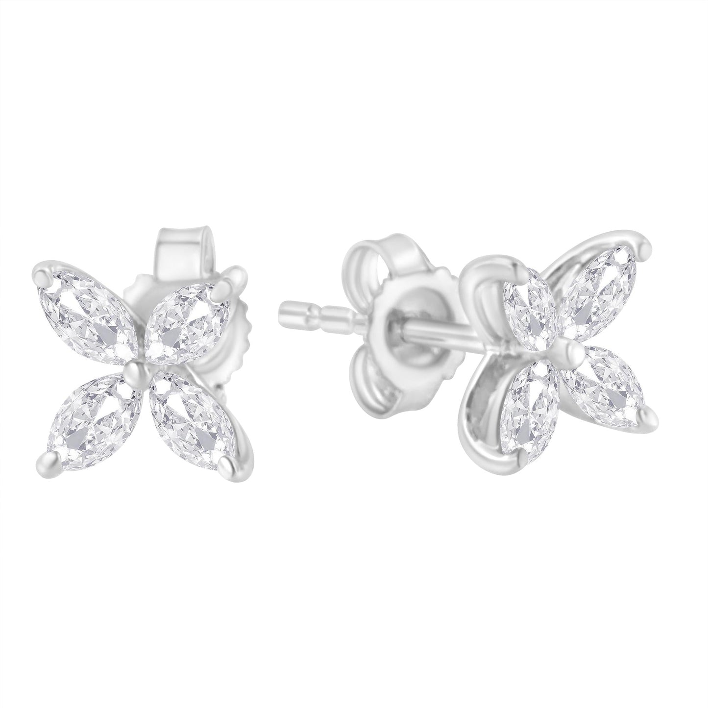 14K Gold Marquise Diamond 8 Stone Floral Leaf Stud Earrings (I-J Color, SI2-I1 Clarity)