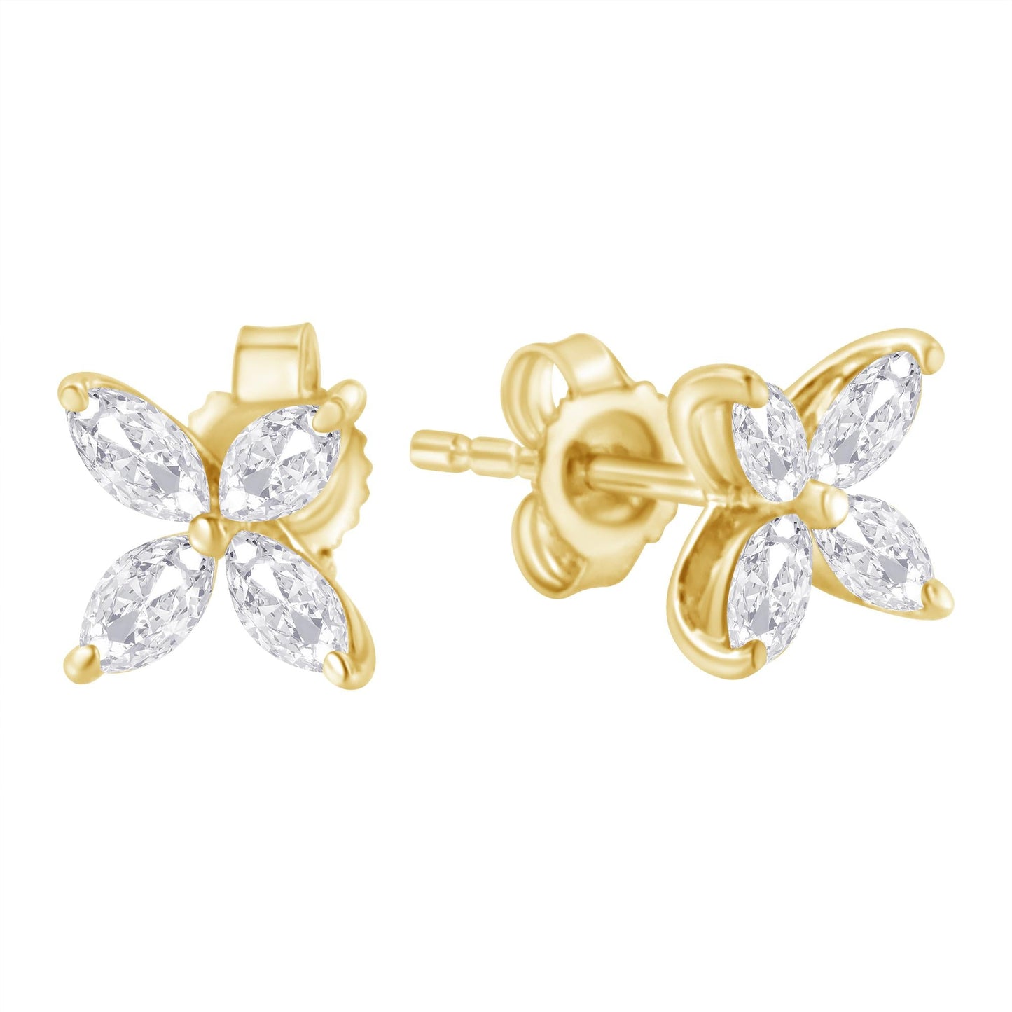 14K Gold Marquise Diamond 8 Stone Floral Leaf Stud Earrings (I-J Color, SI2-I1 Clarity)