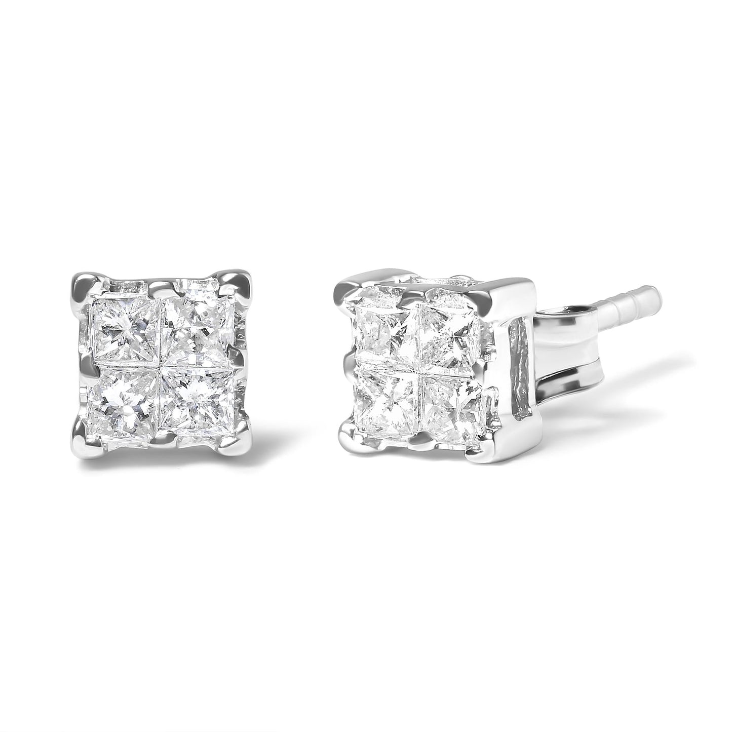 .925 Sterling Silver 1/4 Cttw Invisible Set Princess Diamond Composite Quad Stud Earrings (I-J Color, I1-I2 Clarity)