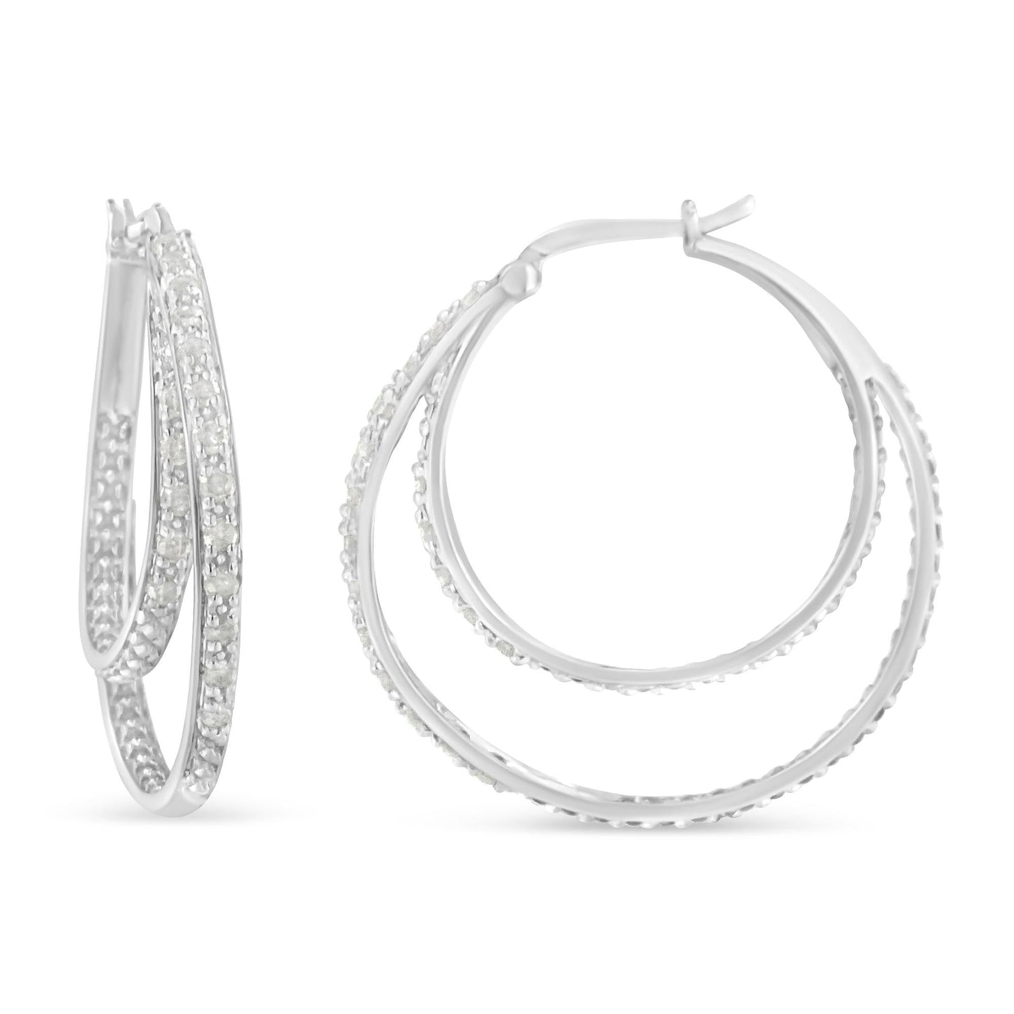 .925 Sterling Silver 1/2 cttw Miracle-Set Diamond Double Hoop with Latchback Earrings (I-J Color, I3 Clarity)