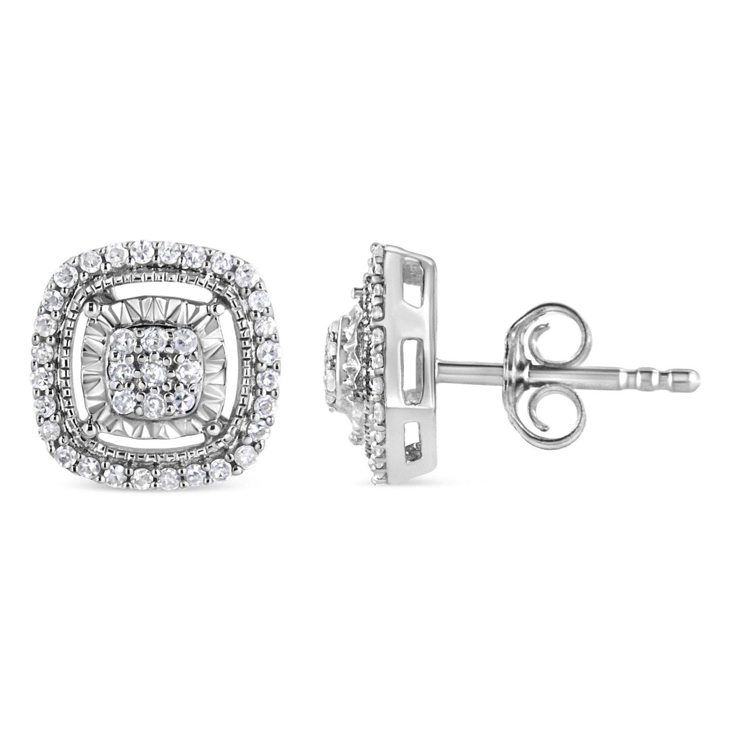 .925 Sterling Silver 1/4 Cttw Prong Set Round-Cut Diamond Cluster in Square Frame Stud Earring (I-J Color, I2-I3 Clarity)