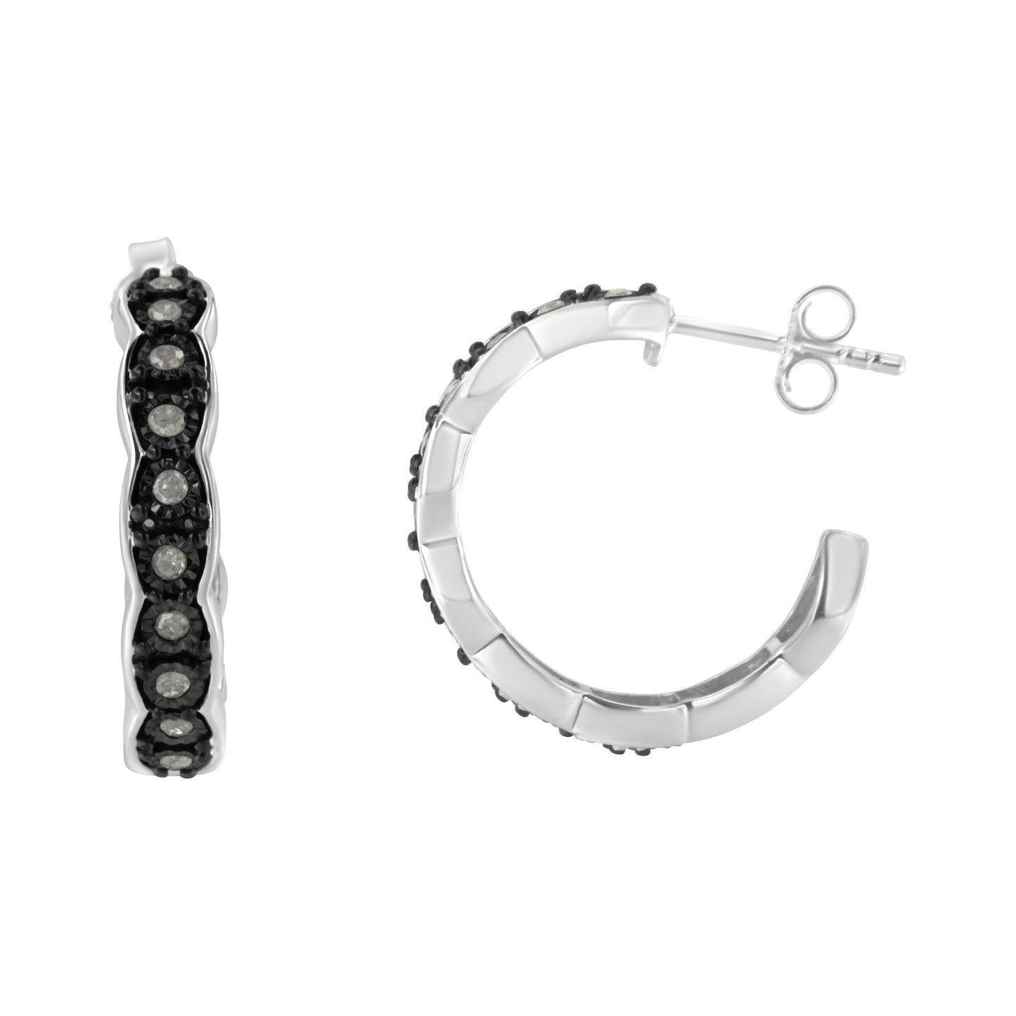 Black Rhodium and .925 Sterling Silver 1/4 cttw Miracle Plate Set Diamond "C" Shape Hoop Earring(I-J Color, I3 Clarity)