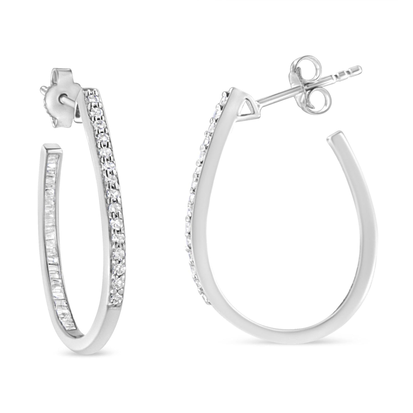 .925 Sterling Silver 1/2 Cttw Round and Baguette-Cut Diamond Inside-Outside Hoop Earrings (H-I Color, I1-I2 Clarity)