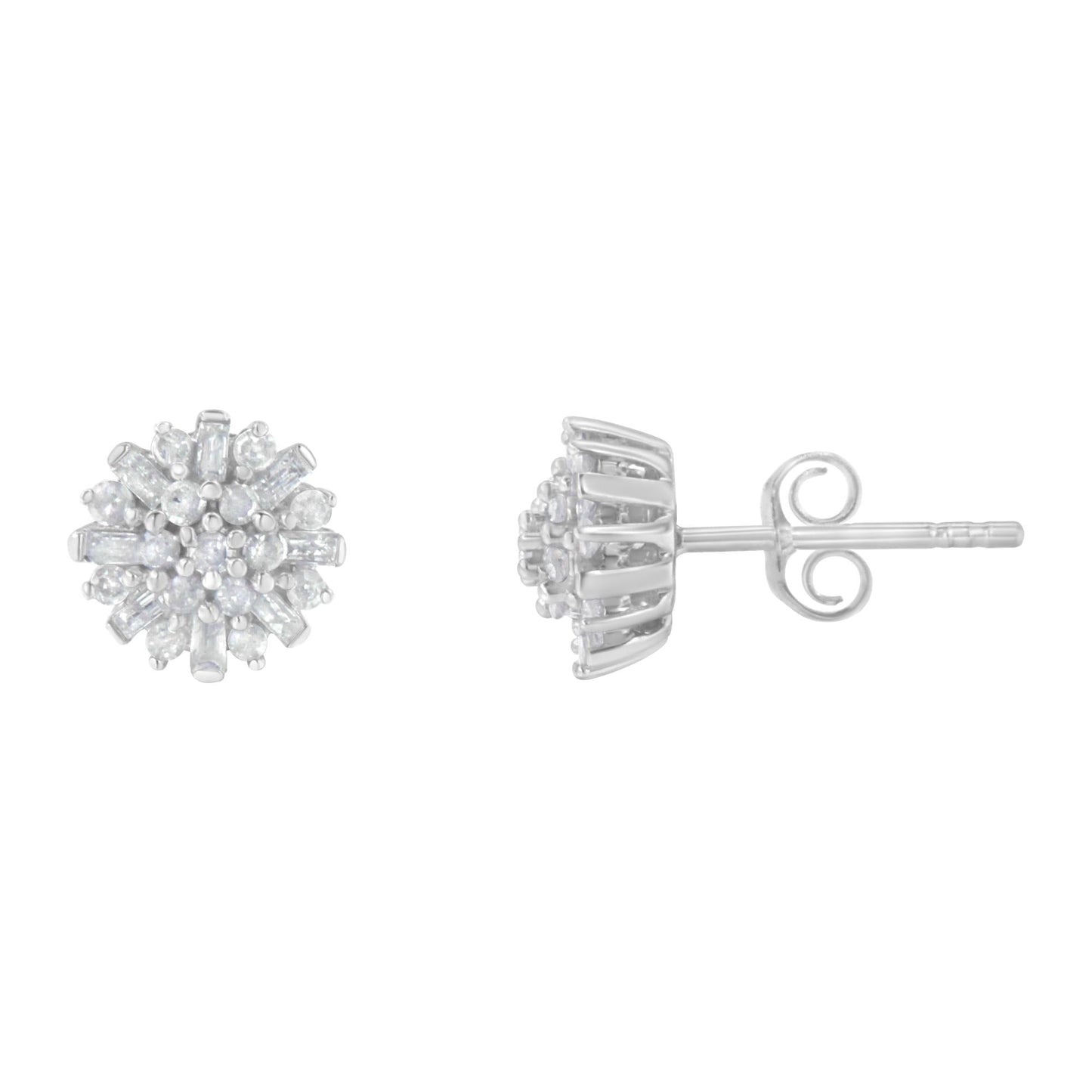 .925 Sterling Silver 1/2 Round and Baguette Diamond Sunburst Floral Cluster Stud Earrings (I-J Color, I3 Clarity)