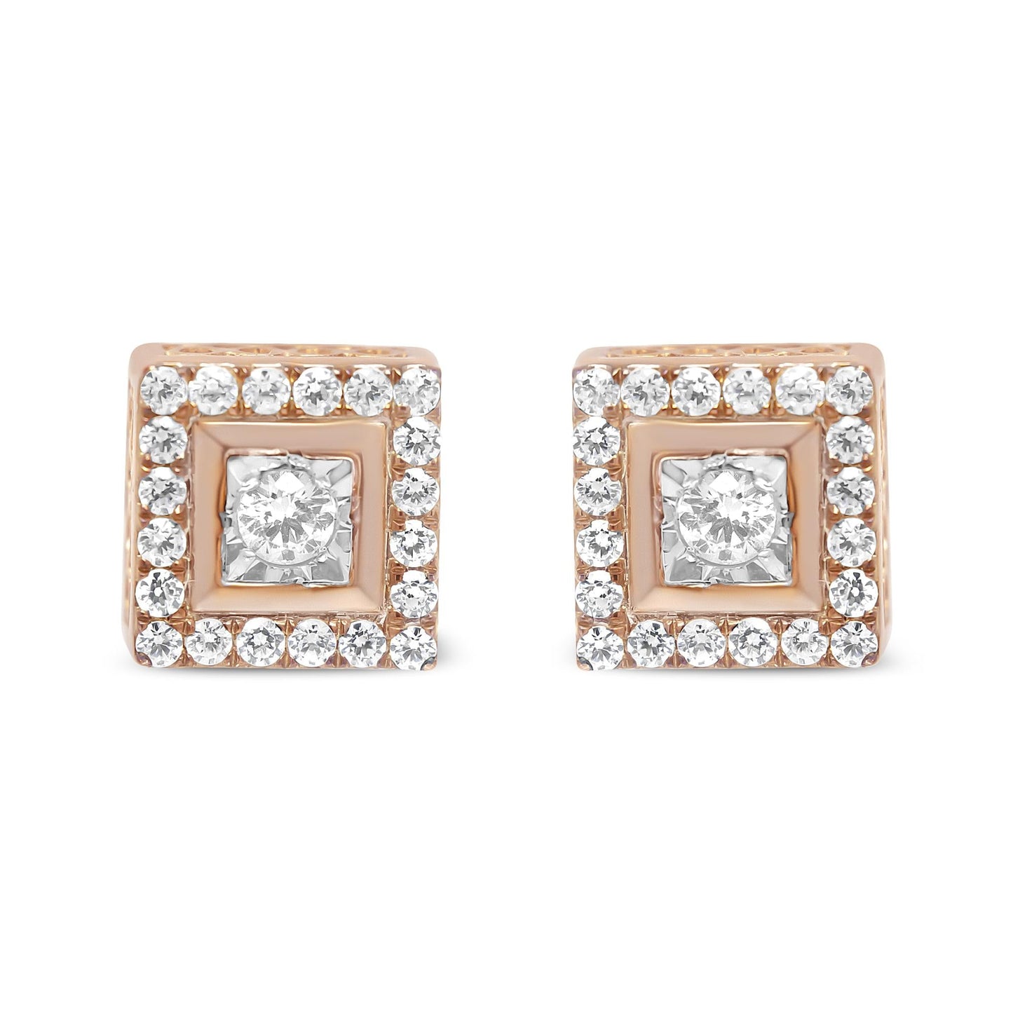 14K Rose Gold Plated .925 Sterling Silver 1/2 Cttw Diamond Halo Square-Shaped Frame Stud Earring (I-J Color, I3 Clarity)