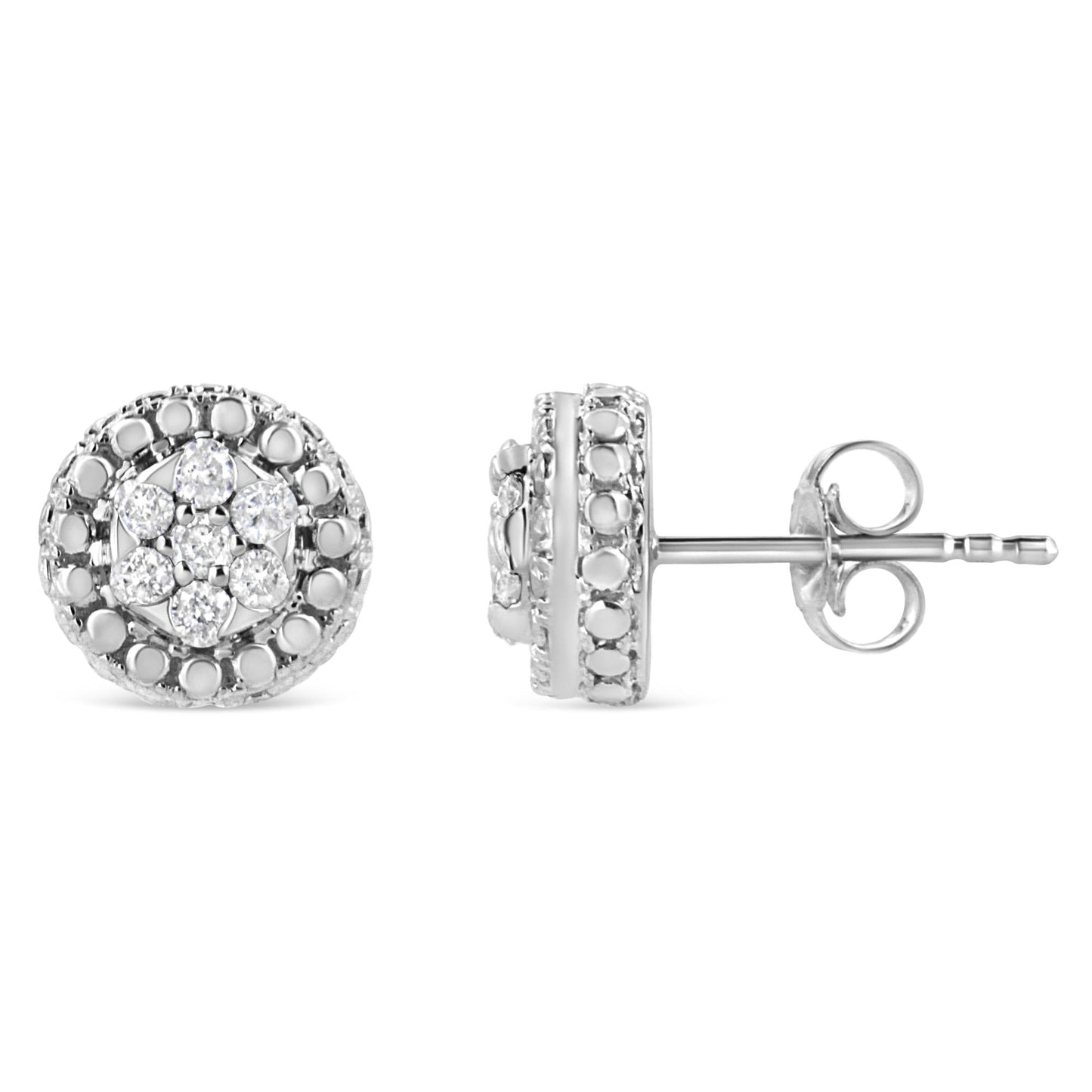 .925 Sterling Silver 1/3 Cttw 7 Stone Pave Set Diamond Beaded Stud Earrings (I-J Color, I2-I3 Clarity)