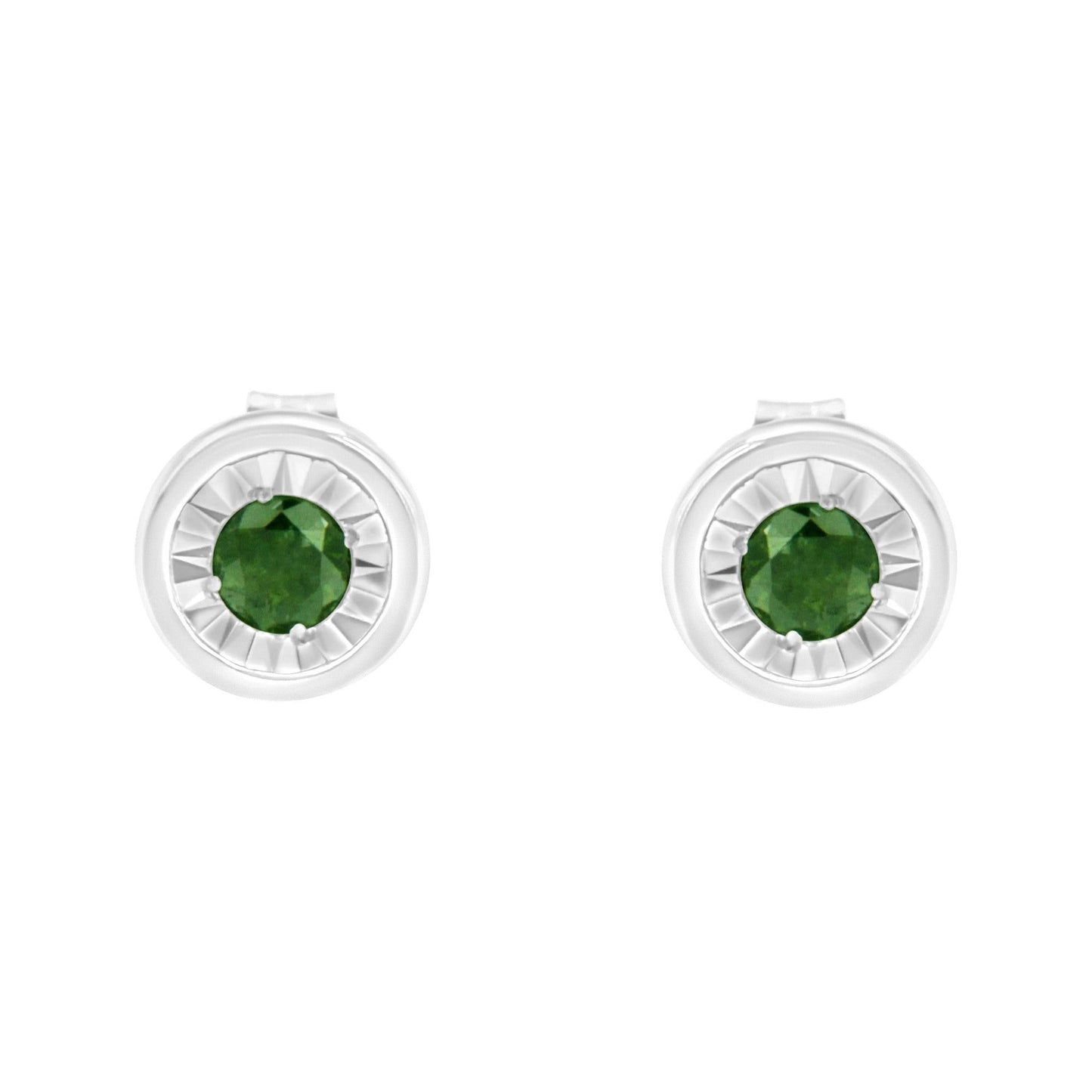 .925 Sterling Silver 1/4 Cttw Round Brilliant-Cut Green Diamond Miracle-Set Stud Earrings (Fancy Color-Enhanced, I1-I2 Clarity)