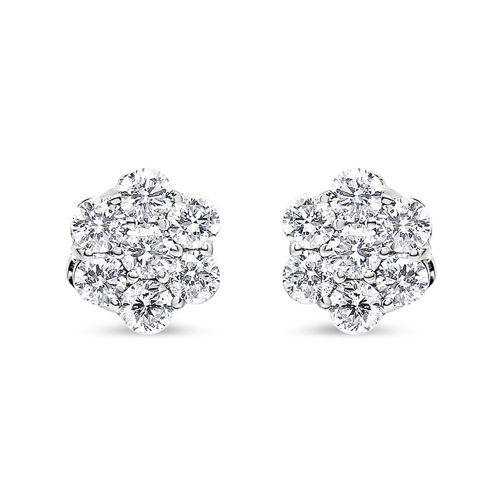 14K White Gold 7 Stone Floral Cluster Round Brilliant Cut Diamond Stud Earrings with Screw Backs(I-J, SI2-I1)