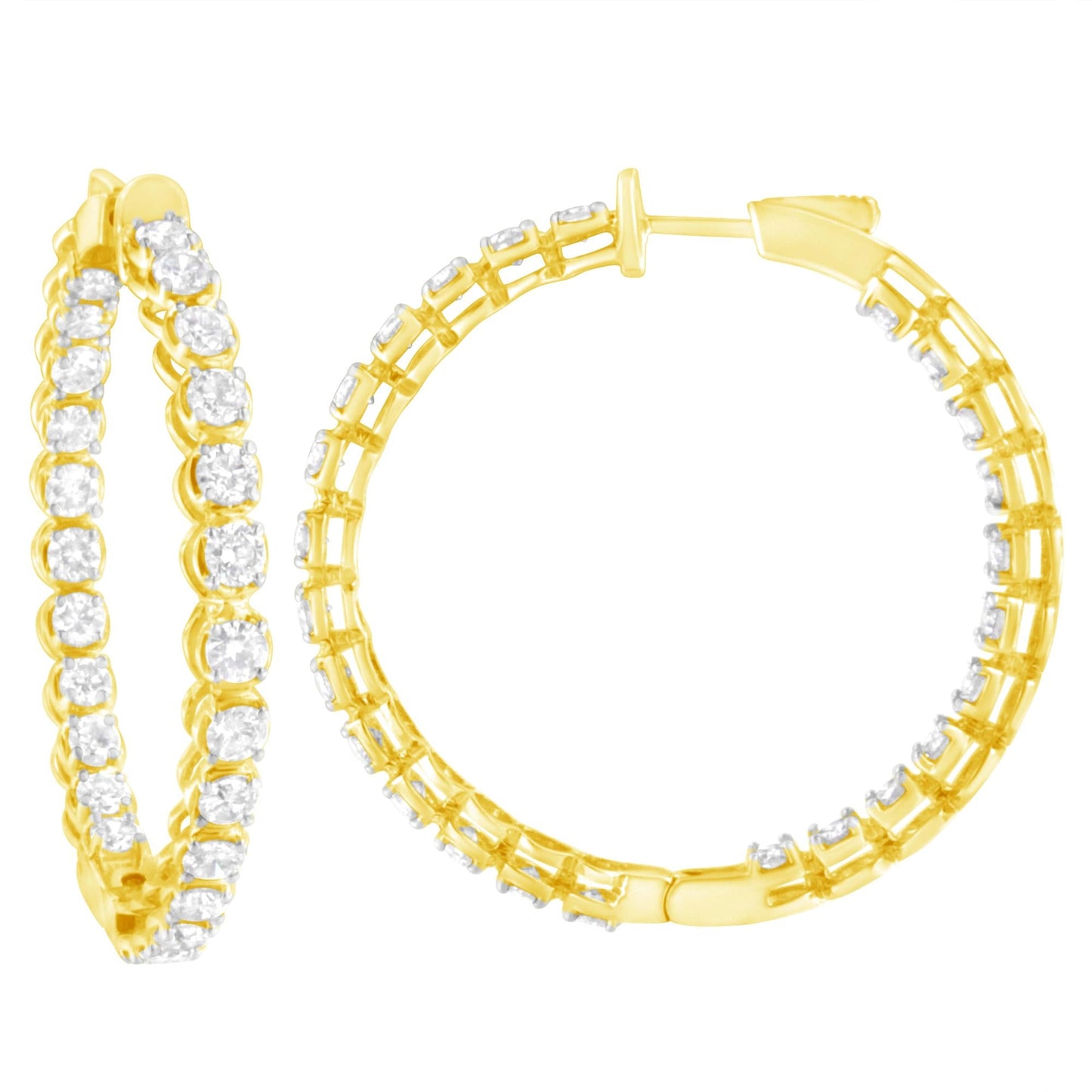 10K Yellow Gold Plated .925 Sterling Silver 7.0 Cttw Round Brilliant Cut Diamond 1-¾ Inside Out Hinged Leverback Hoop Earrings (J-K Color, I1-I2 Clarity)