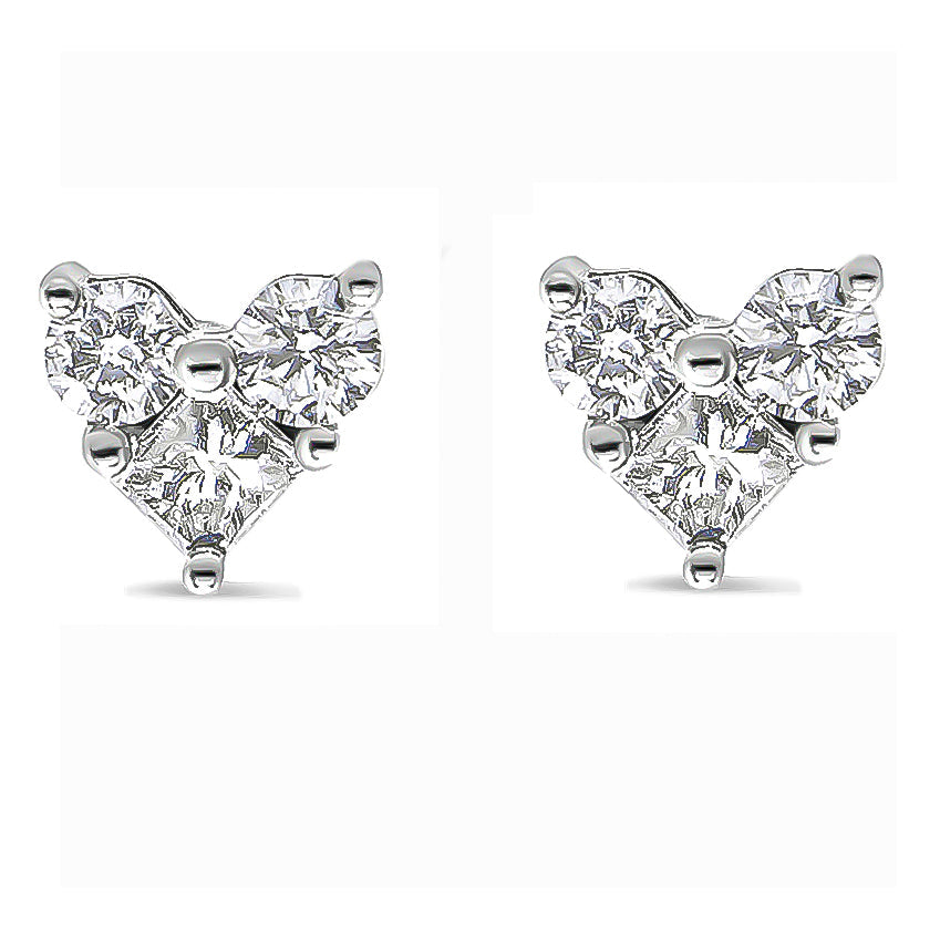 10K White Gold Diamond 3 Stone Trio Heart Stud Earring (I-J Color, I1-I2 Clarity)