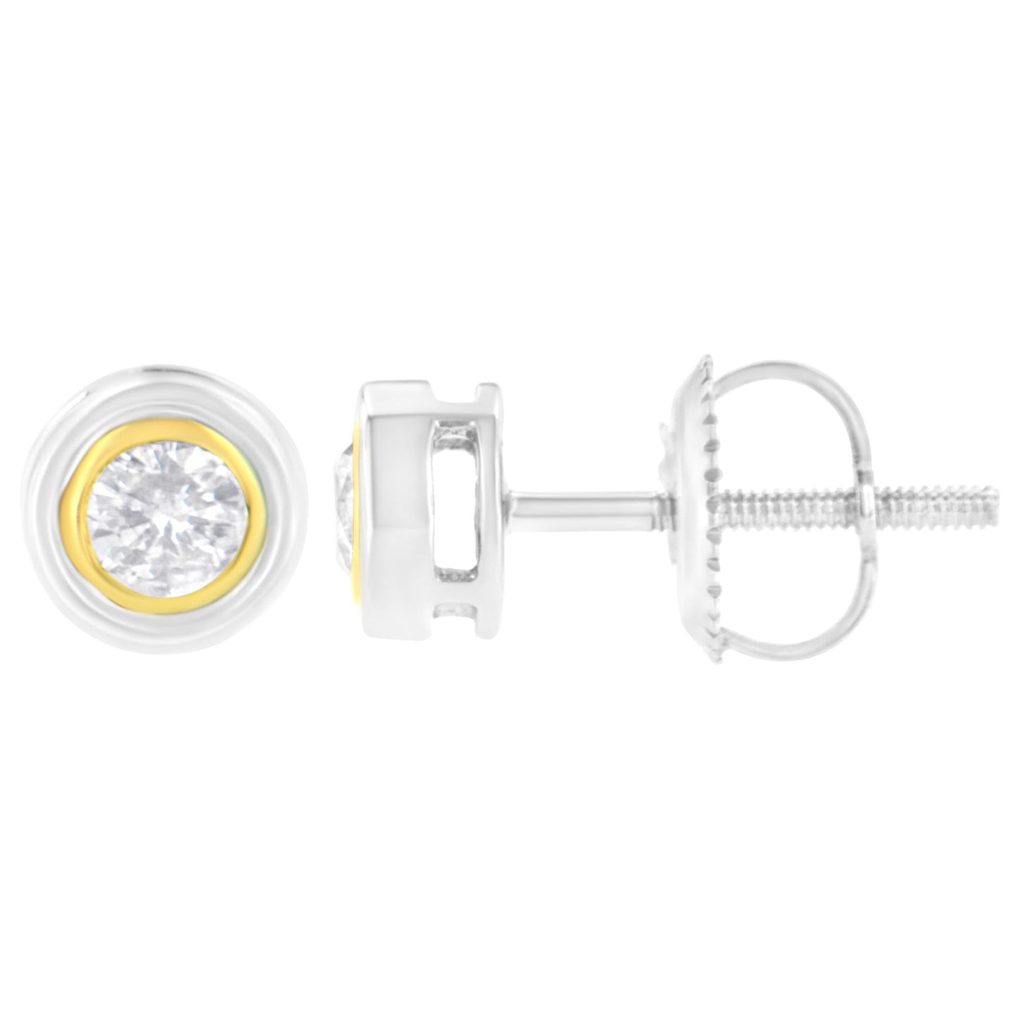 10K Yellow & White Two-Tone Gold 1/5 Cttw Round Brilliant-Cut Near Colorless Diamond Bezel-Set Stud Earrings with Screw Backs (J-K Color, I1-I2 Clarity)