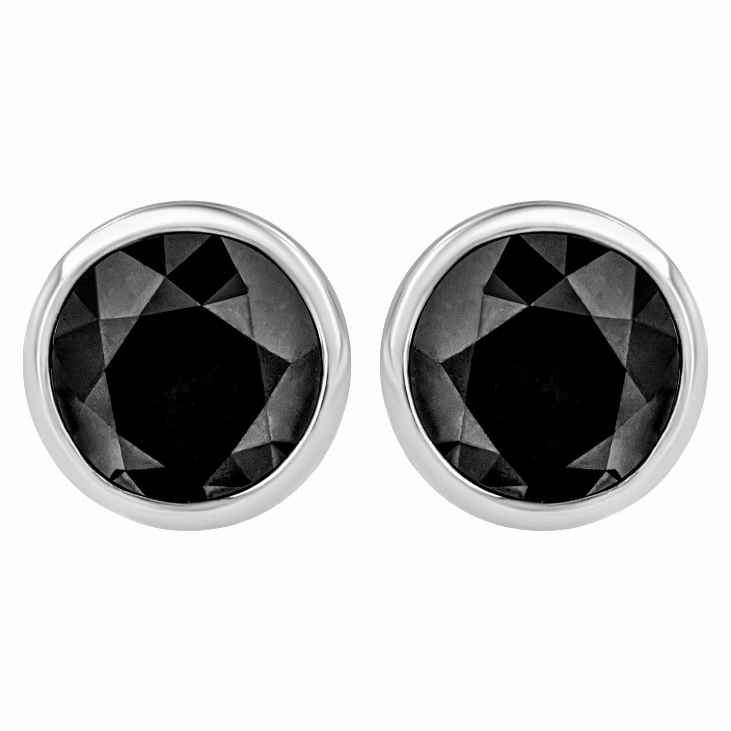 14K White Gold Round Brilliant-Cut Black Diamond Bezel-Set Stud Earrings with Screw Backs (Fancy Color-Enhanced, I2-I3 Clarity)