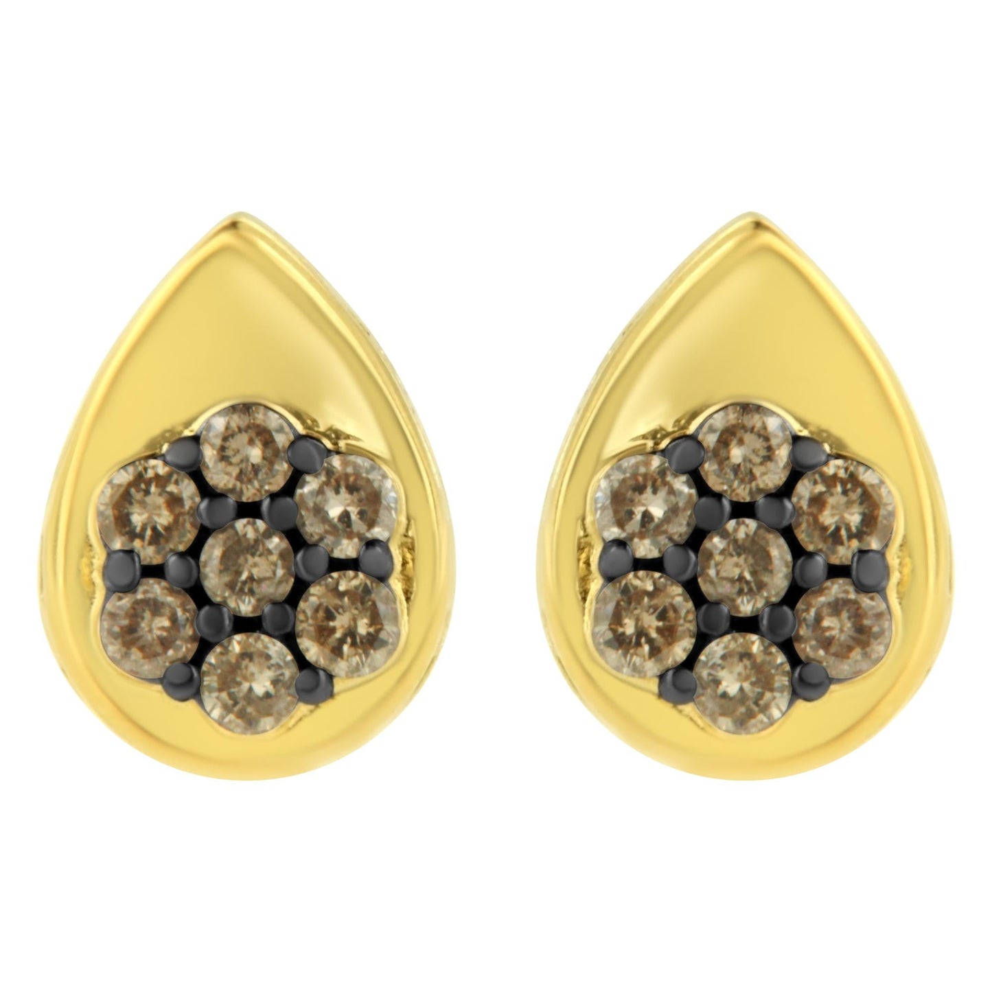 10K Yellow Gold Plated .925 Sterling Silver 1/2 Cttw Prong Set Round-Cut Diamond Floral Cluster Stud Earring (Champagne Color, I1-I2 Clarity)