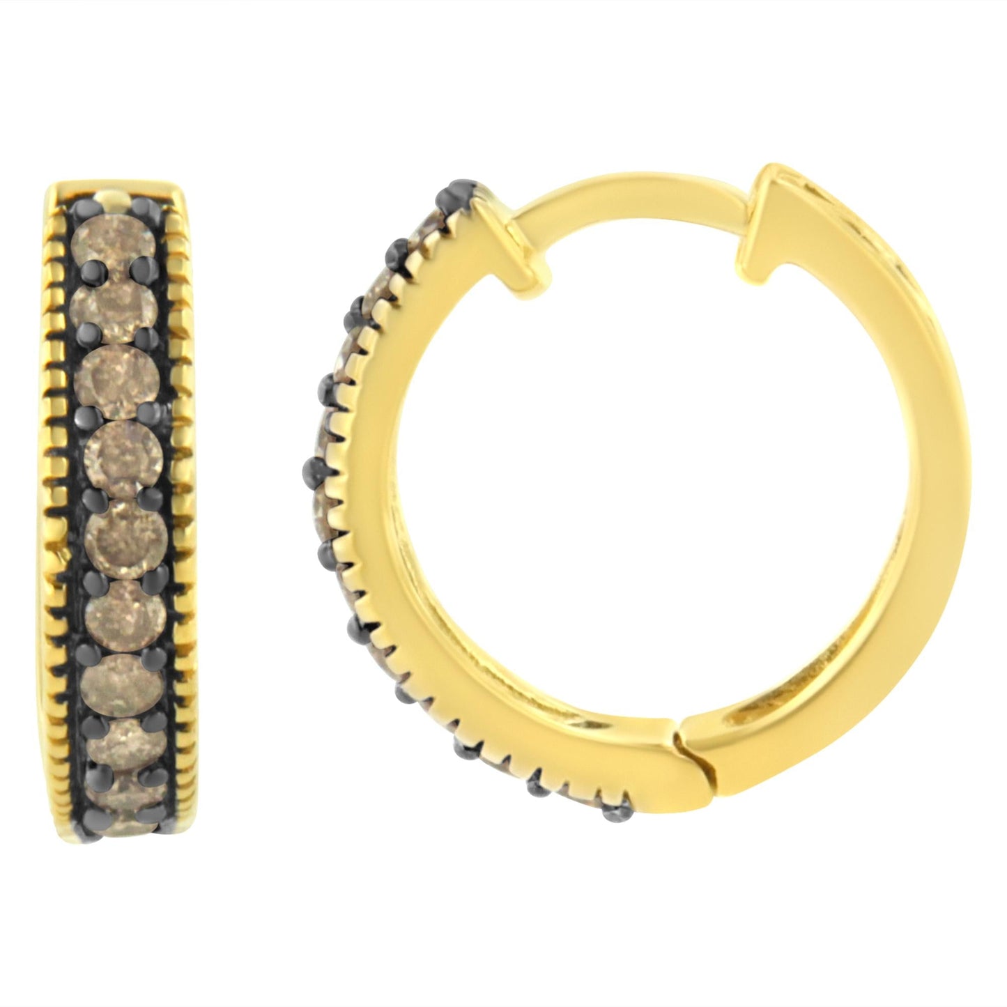 10K Yellow Gold and Black Rhodium 1/2 Cttw Lattice Back Cutout and Round-Cut Diamond Hoop Earring (J-K Color, I1-I2 Clarity)