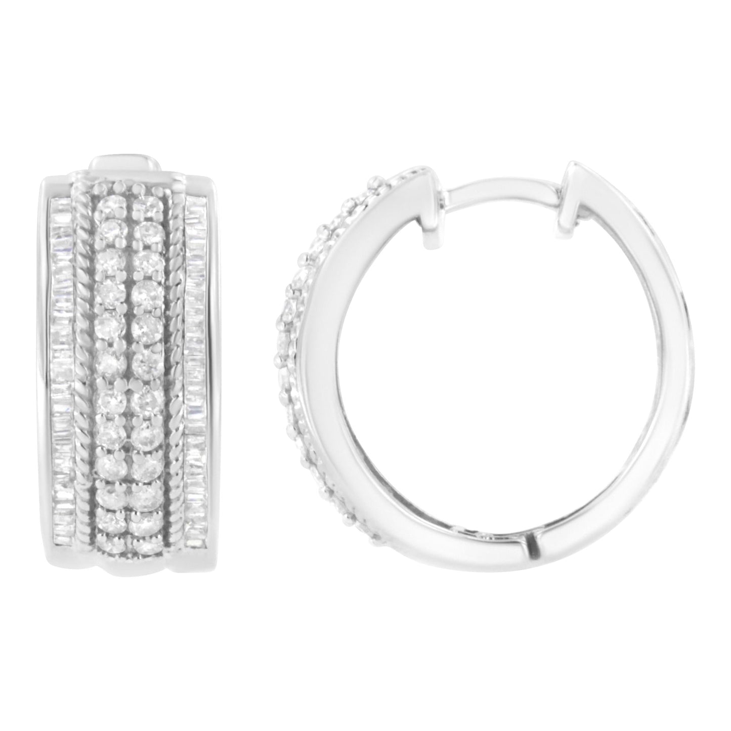 .925 Sterling Silver 1.0 Cttw Round and Baguette-Cut Diamond Hoop Earring (H-I Color, I2-I3 Clarity)