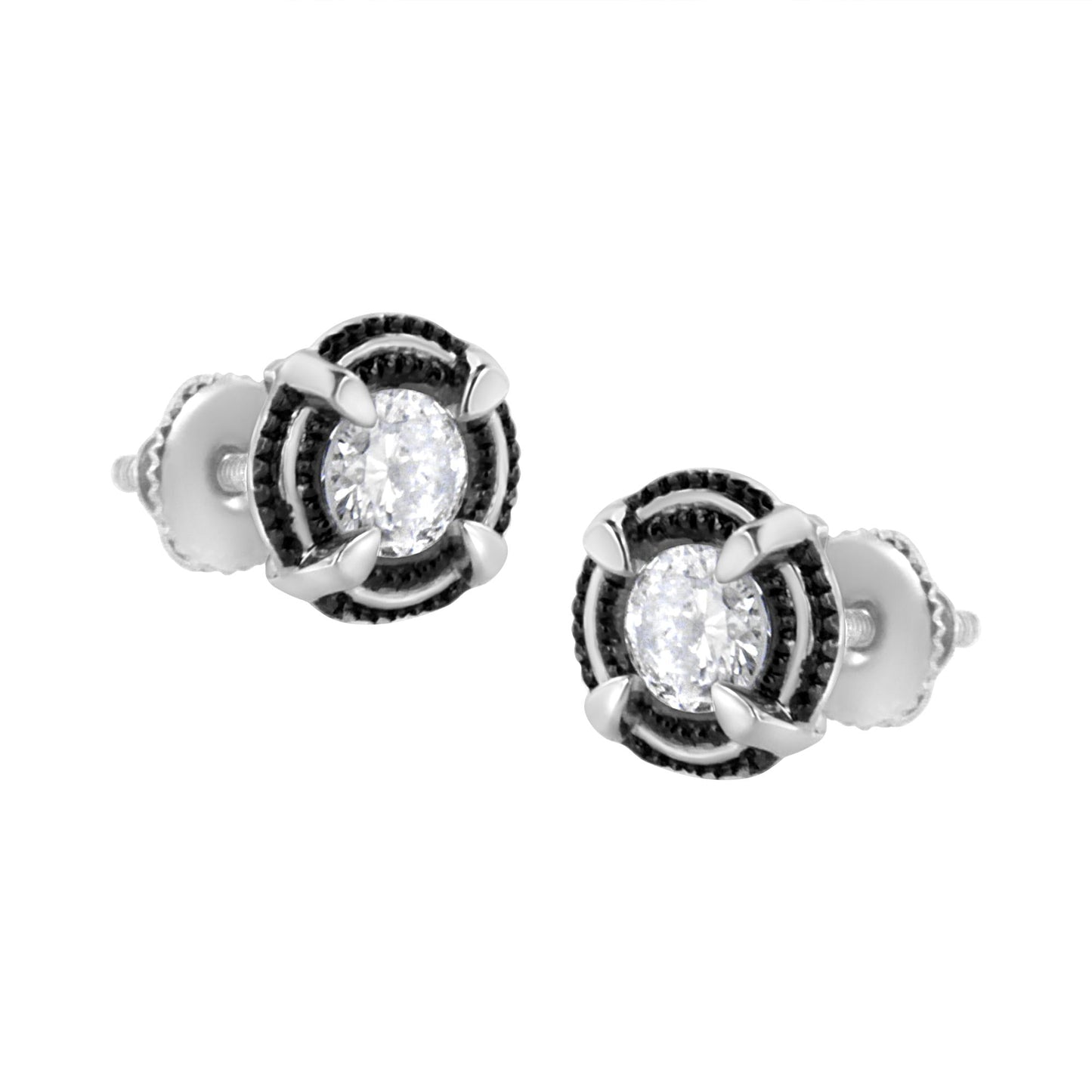 Black Rhodium Plated .925 Sterling Silver Round Diamond Double Halo 4-Prong Solitaire Milgrain Stud Earrings