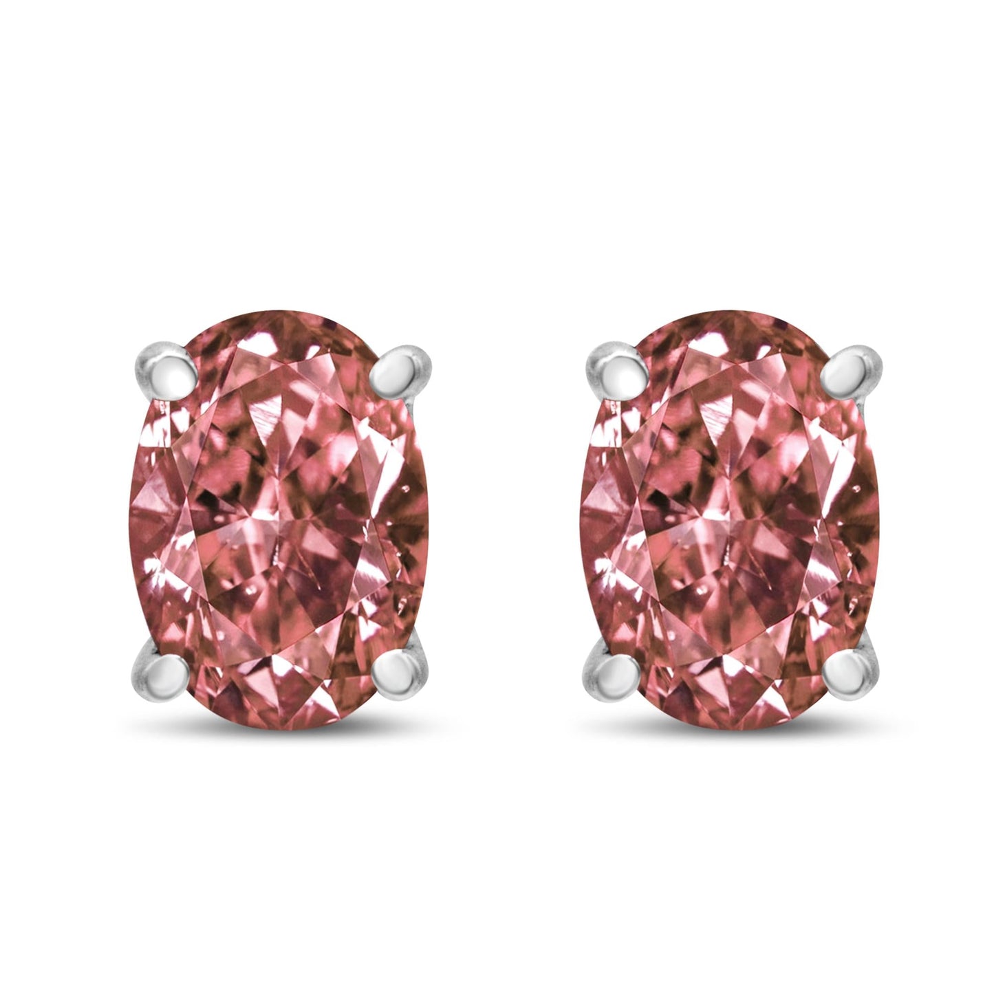 14K White Gold Lab Grown Pink Oval 4 Prong Set Classic Diamond Solitaire Stud Earrings (Pink Color, VS2-SI1 Clarity)