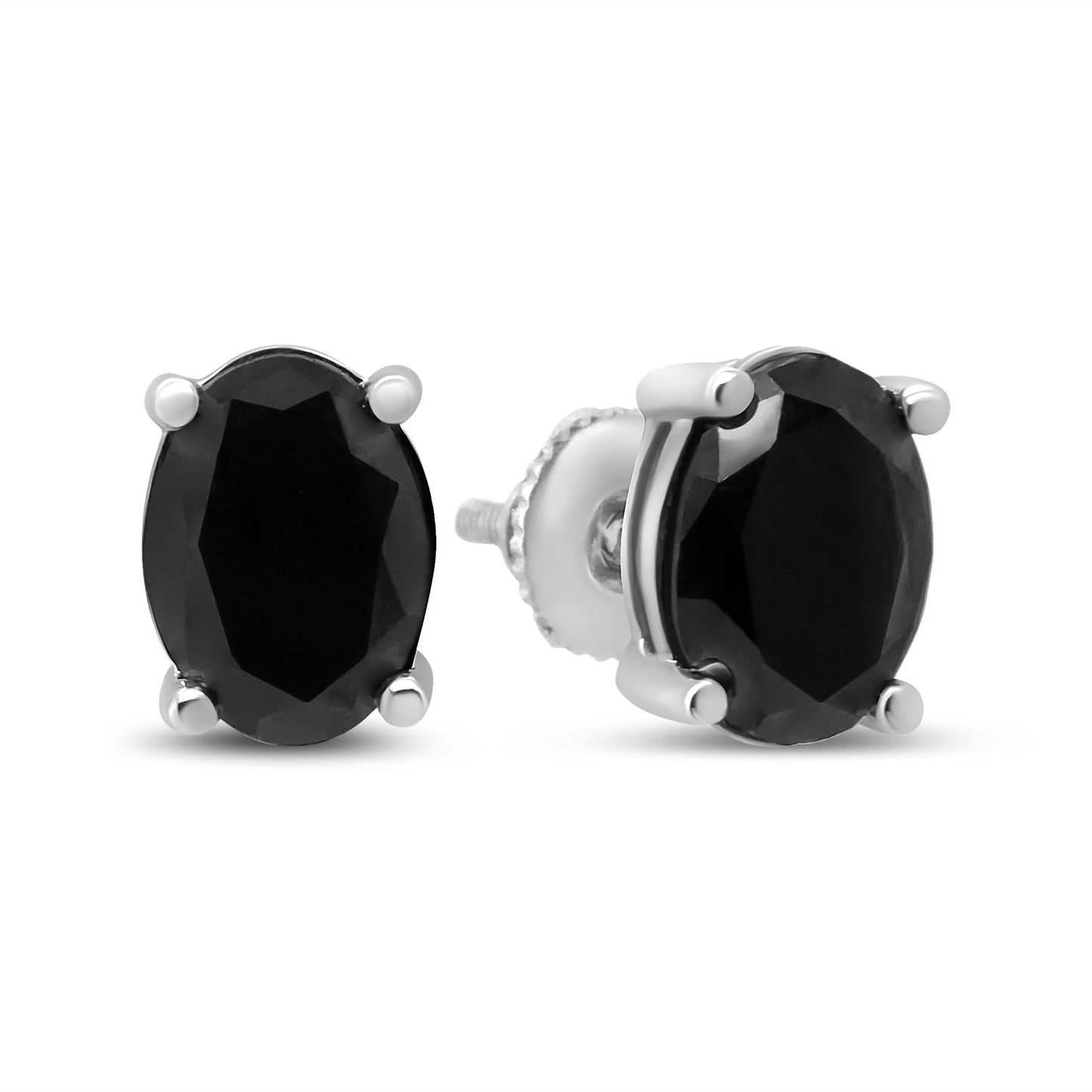 .925 Sterling Silver Prong Set Treated Black Oval Diamond Stud Earring (Black Color, I2-I3 Clarity)