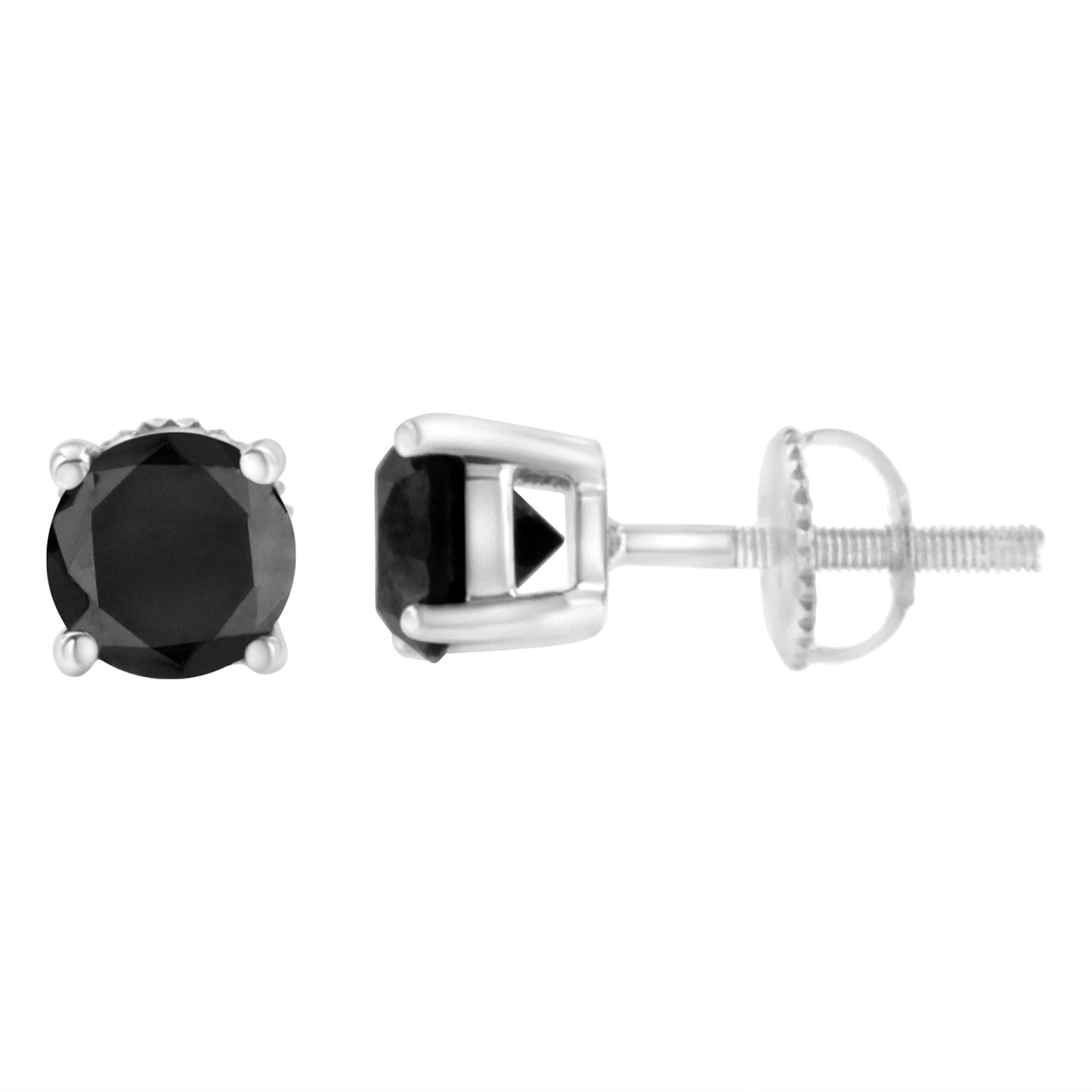 14K White Gold Round Brilliant-Cut Black Diamond Classic 4-Prong Stud Earrings with Screw Backs (Fancy Color-Enhanced, I2-I3 Clarity)