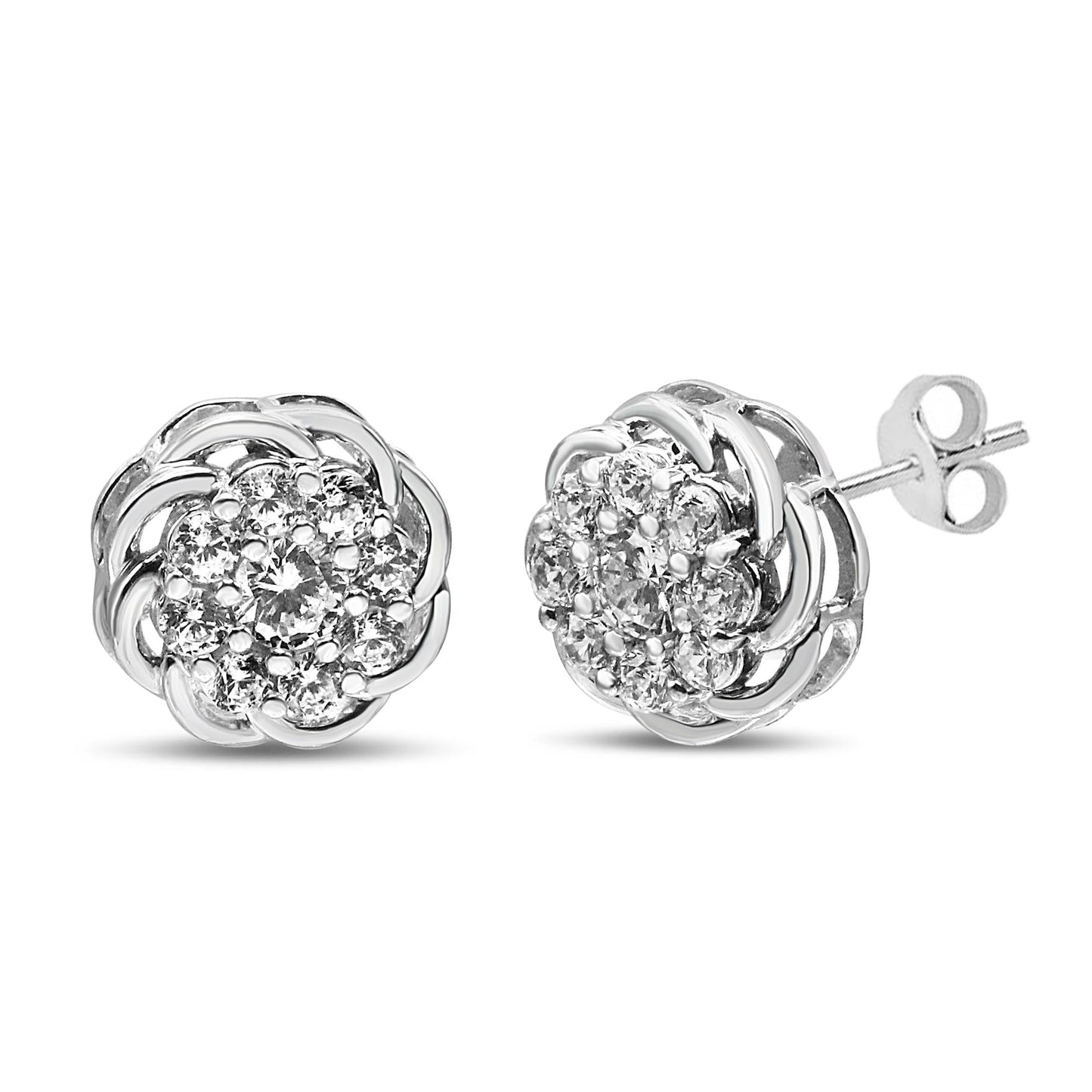 .925 Sterling Silver 1/2 Cttw Round Diamond Cluster Openwork Floral Halo Stud Earrings (I1-I2 Clarity, I-J Color)