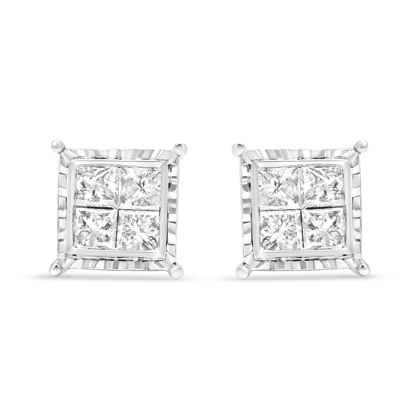 14K White Gold 1 1/2 Cttw Invisible Set Princess-Cut Diamond Contemporary Wavy Quad Stud Earrings (I-J Color, I1-I2 Clarity)